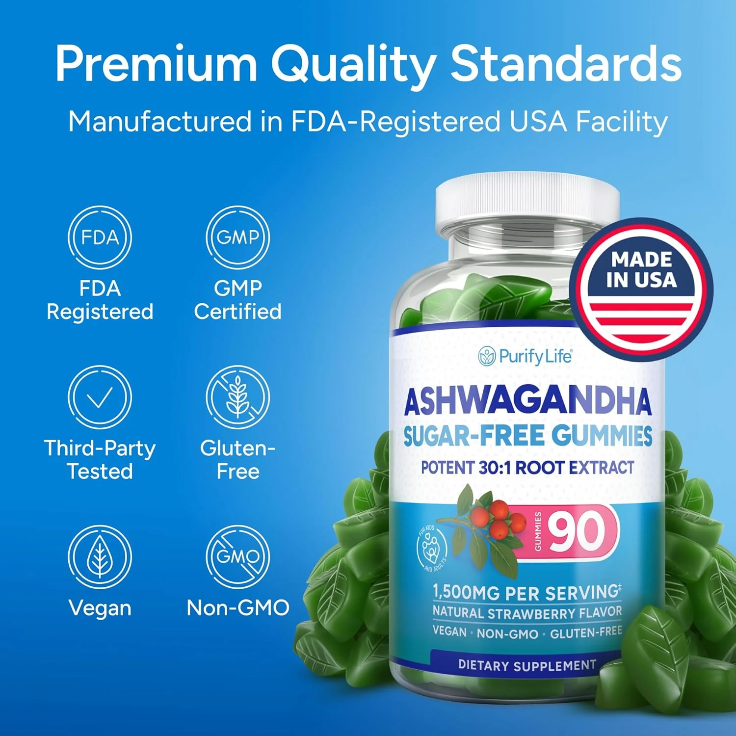 Ashwagandha Gummies for Anxiety & Stress Relief - Vegan Mood Support for Men & Women 90ct - Image 2