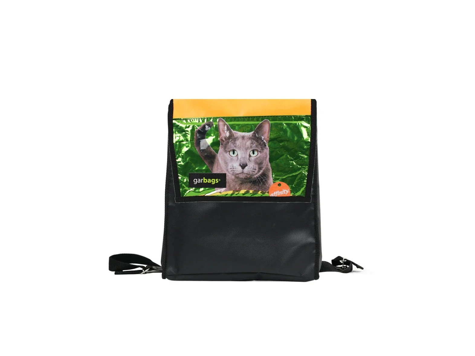 backpack XS publicity banner & cat food package black green