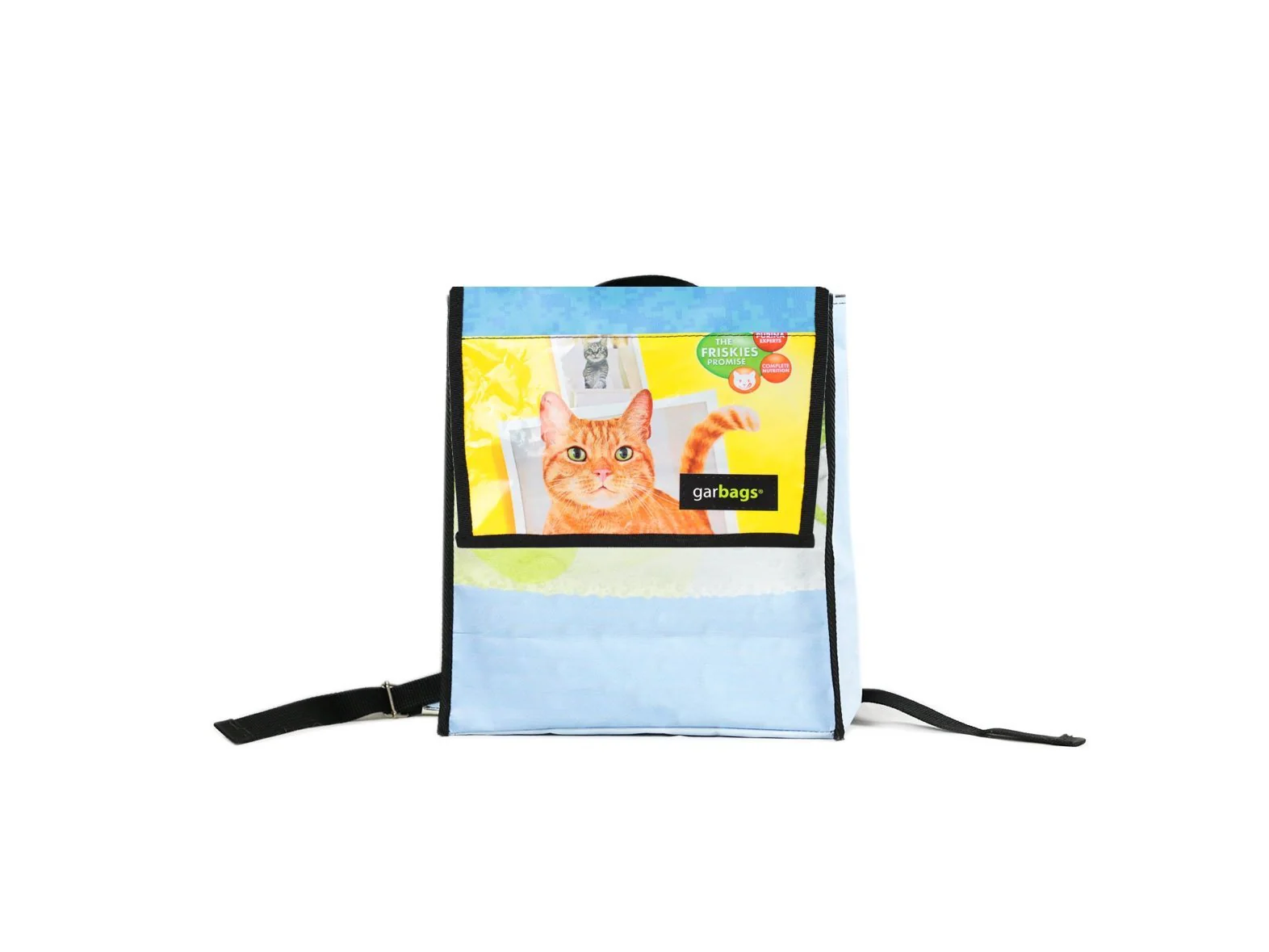 backpack XS publicity banner & cat food package blue yellow