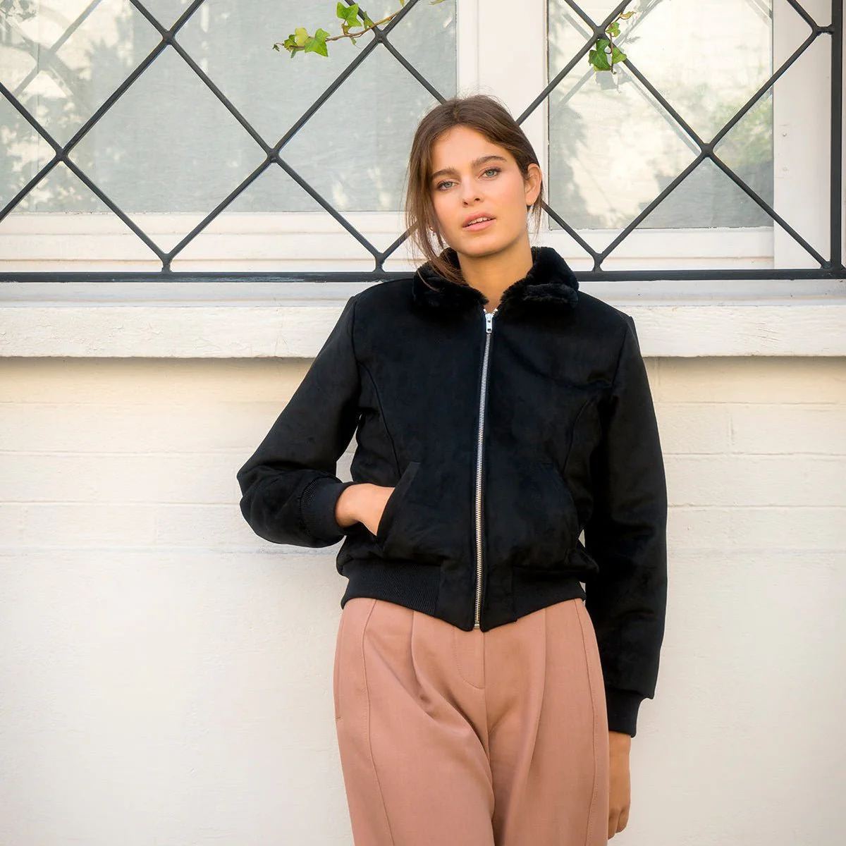 Vickie Black Vegan Suede Jacket with Faux Fur Lining (Women) - Image 3
