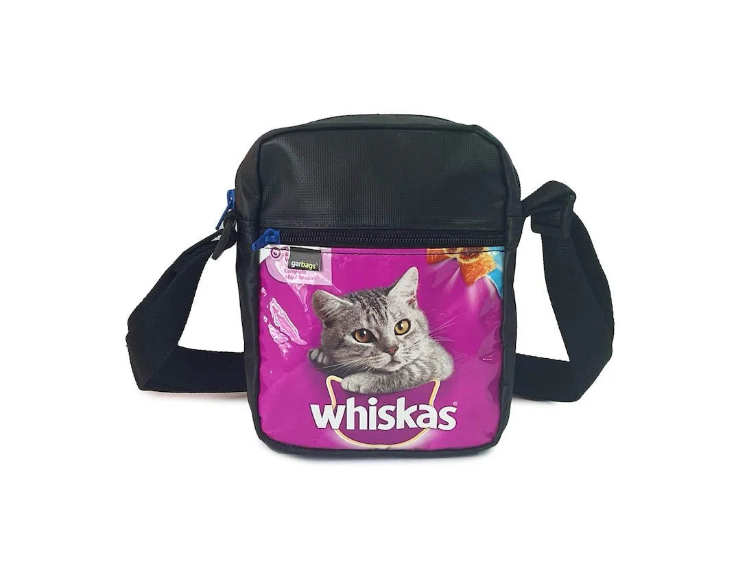 crossbody bag pink & black cat food packages