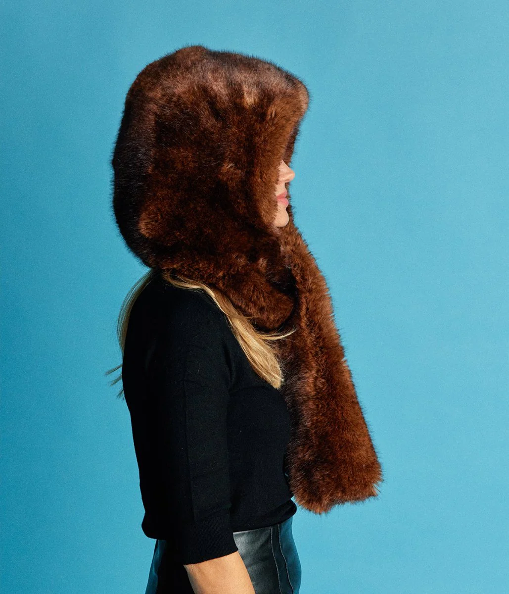 Suzon Warm Brown Vegan Fur Hooded Scarf - Image 2
