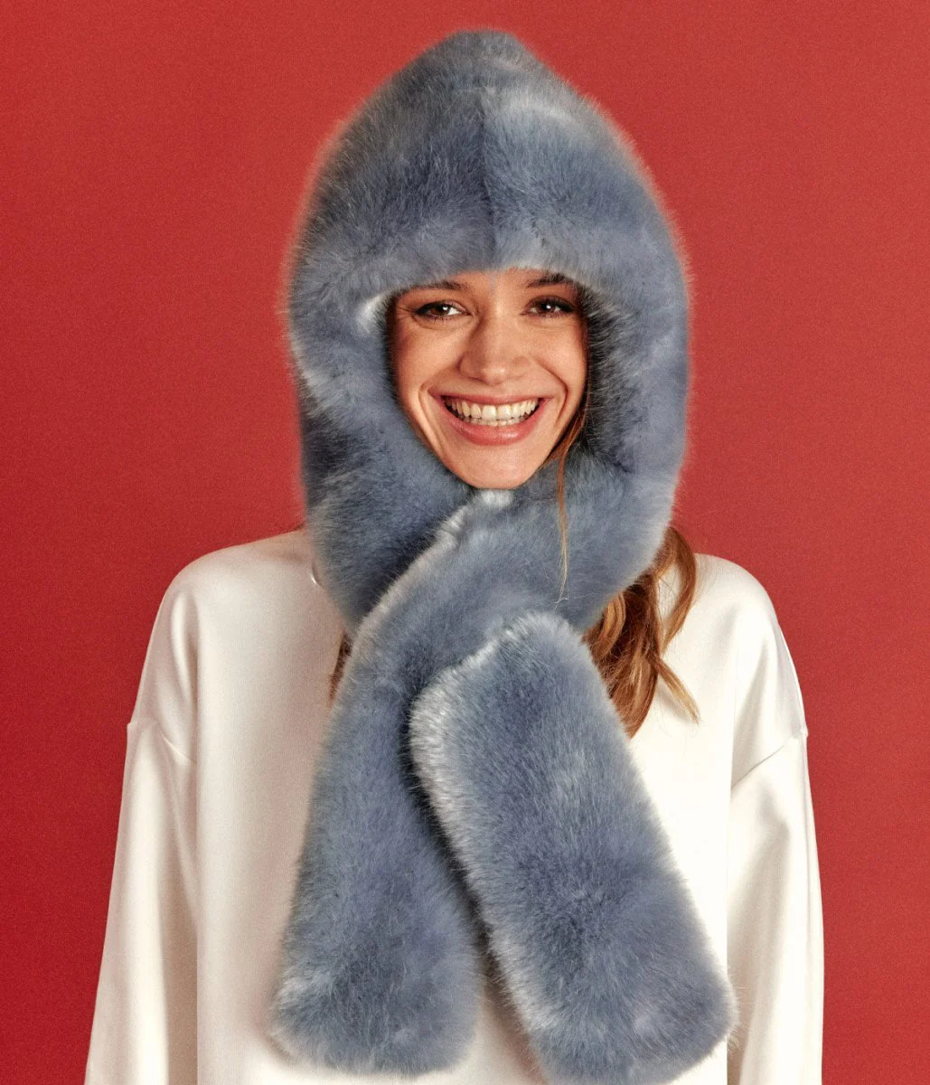 Suzon Sky Blue Vegan Fur Hooded Scarf
