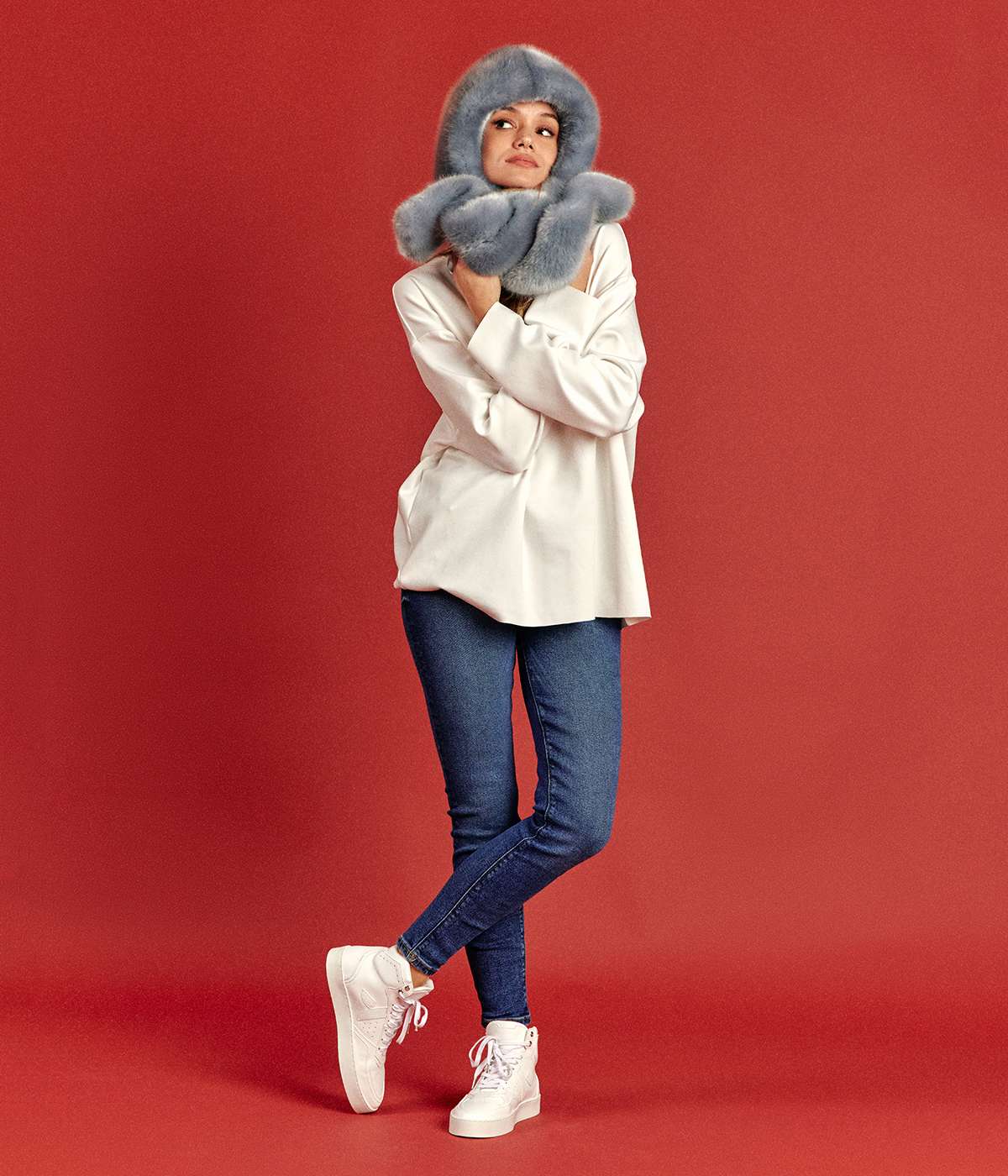 Suzon Sky Blue Vegan Fur Hooded Scarf - Image 2
