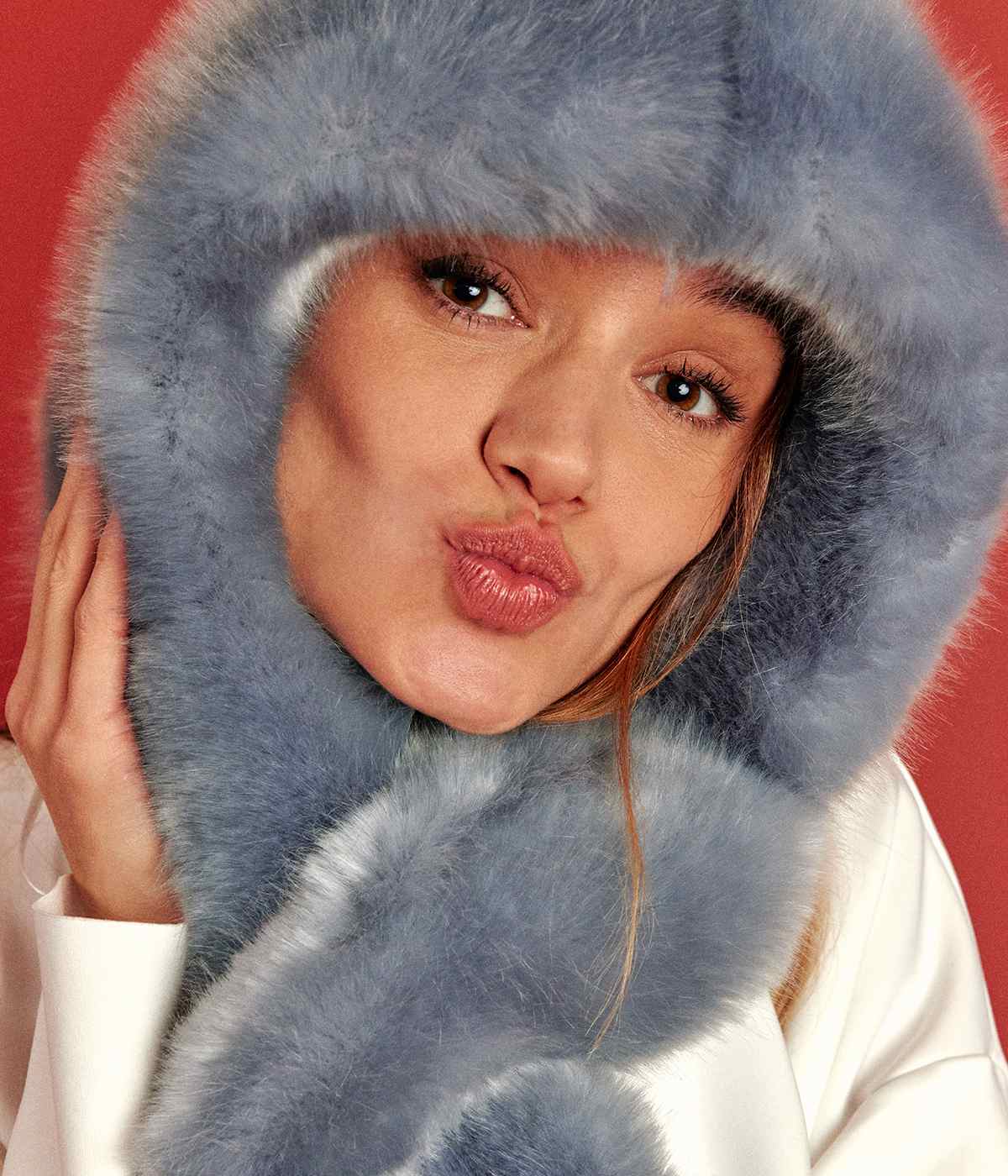 Suzon Sky Blue Vegan Fur Hooded Scarf - Image 3