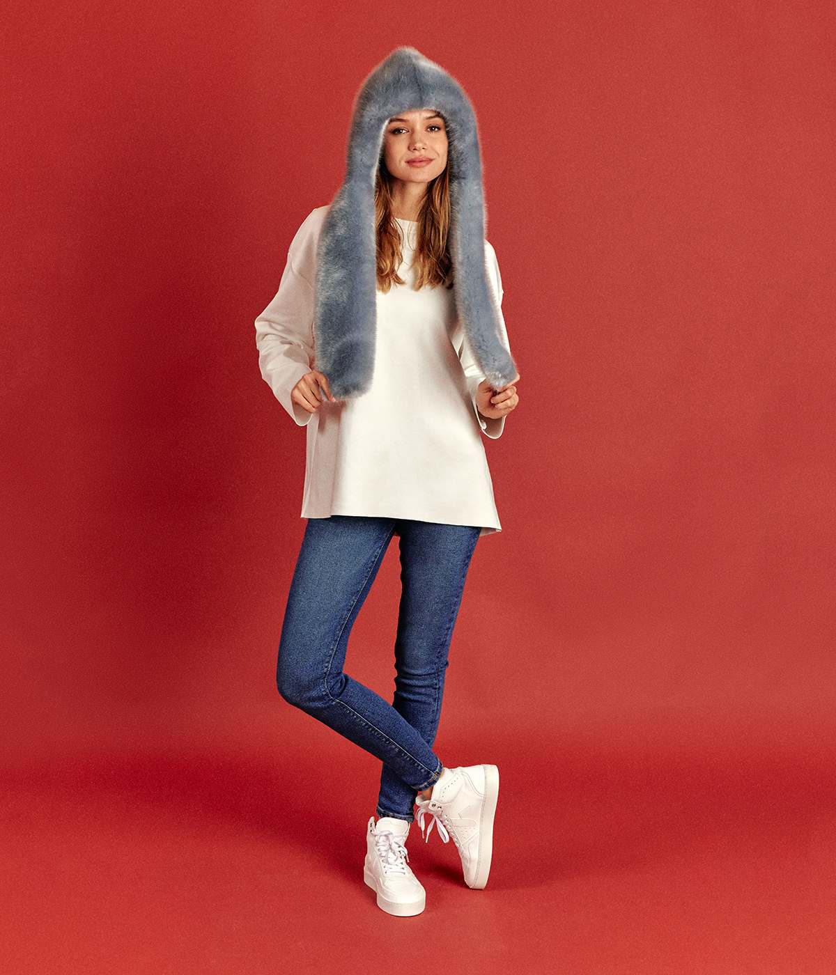 Suzon Sky Blue Vegan Fur Hooded Scarf - Image 4