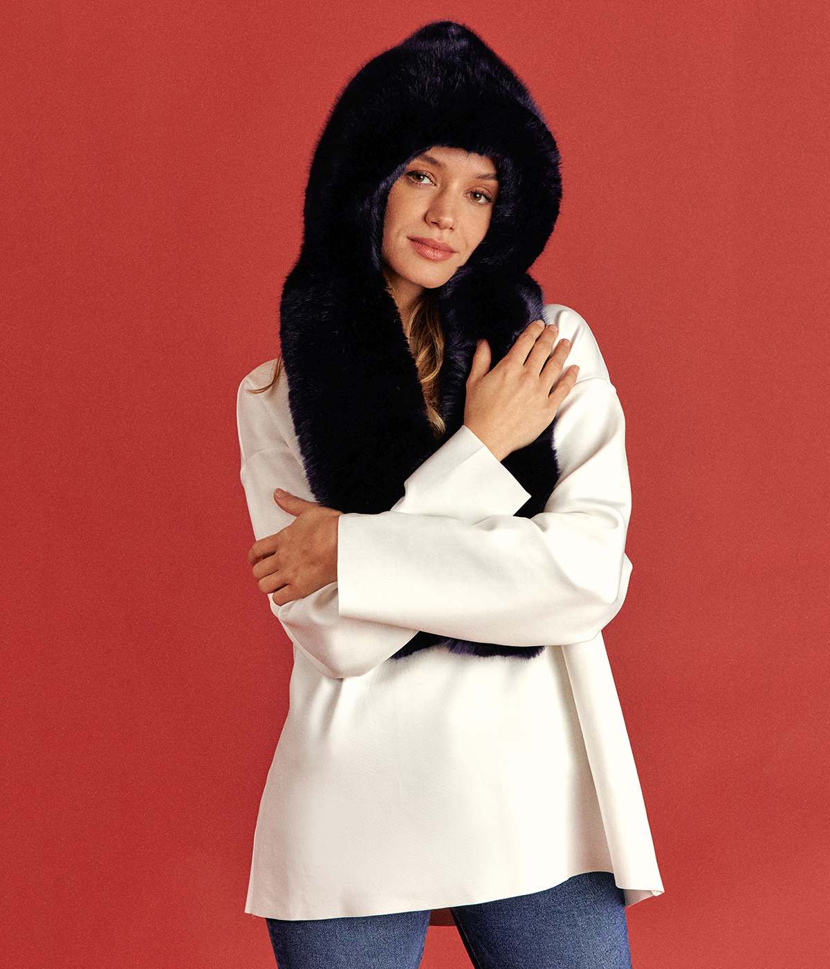 Suzon Midnight Blue Vegan Fur Hooded Scarf