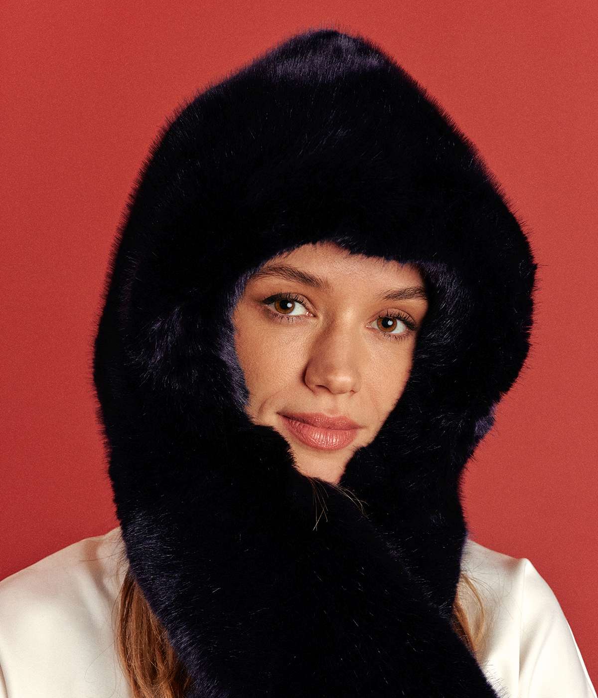 Suzon Midnight Blue Vegan Fur Hooded Scarf - Image 2