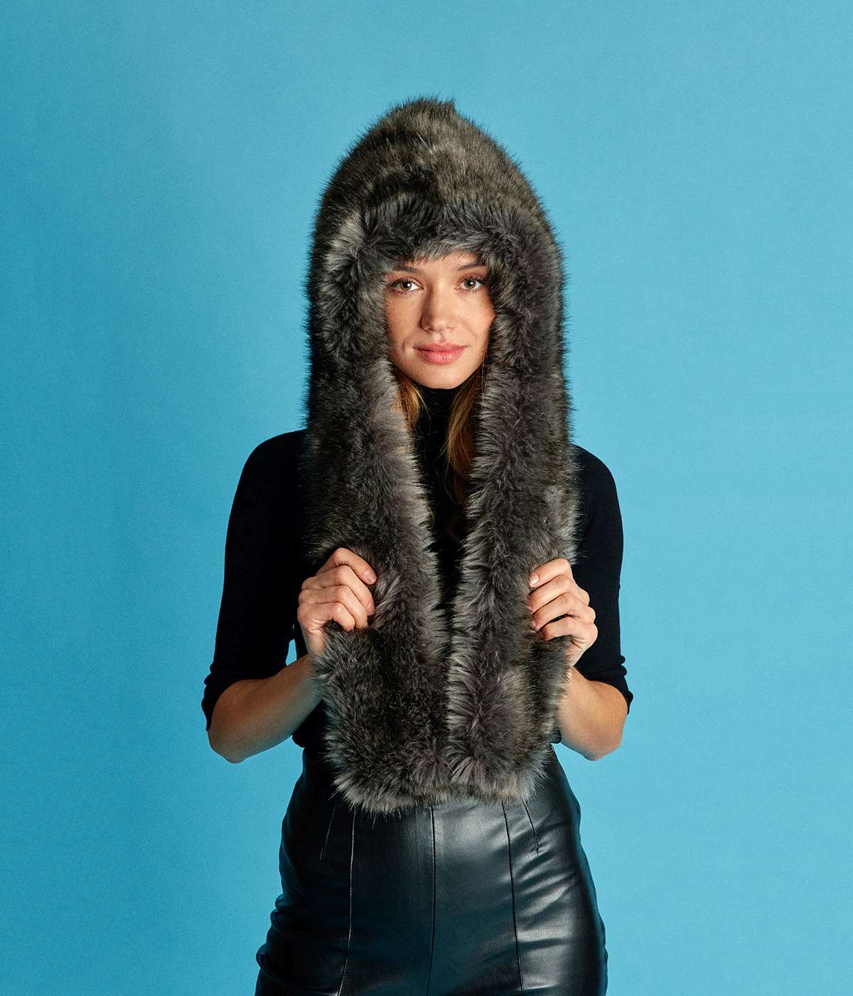 Suzon Intense Grey Vegan Fur Hooded Scarf