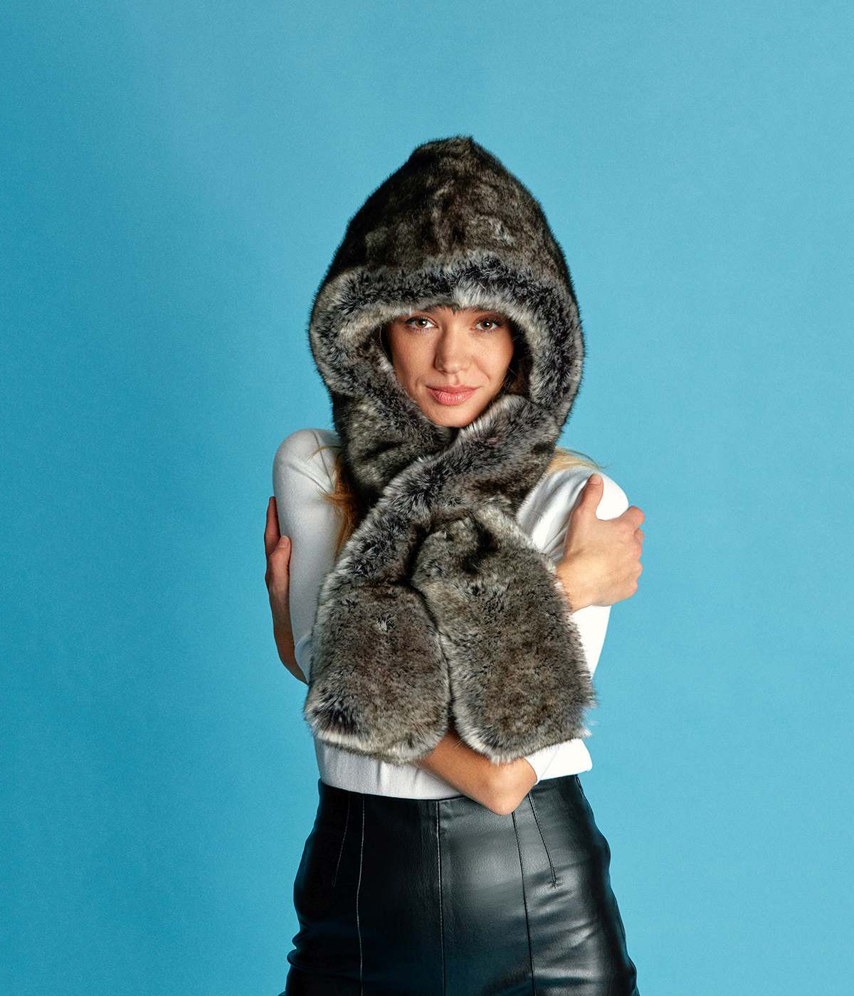 Suzon Polar Grey Vegan Fur Hooded Scarf