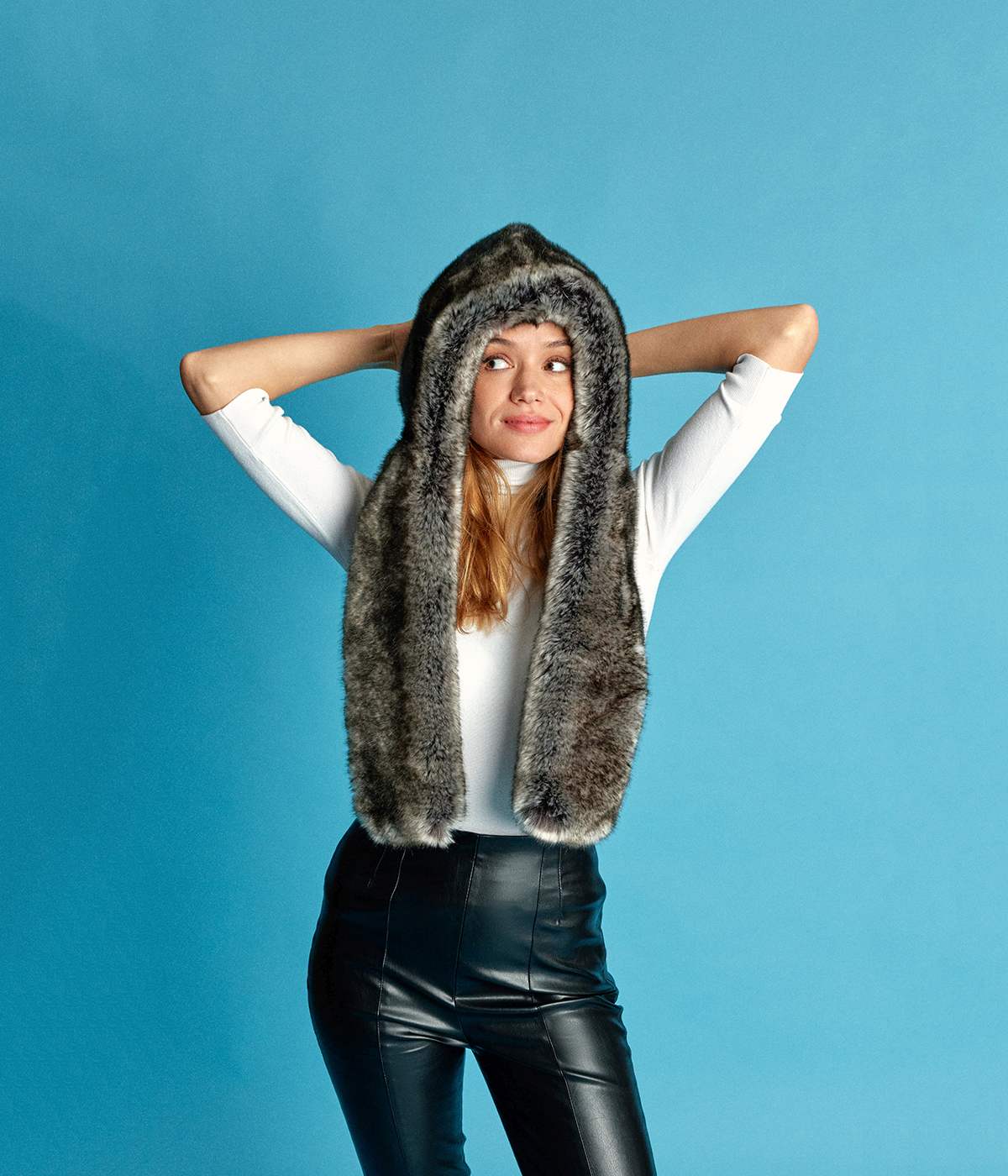 Suzon Polar Grey Vegan Fur Hooded Scarf - Image 2
