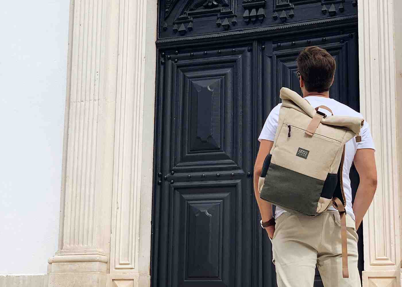 Everyday Hemp Rolltop Backpack in Beige and Green - Image 7