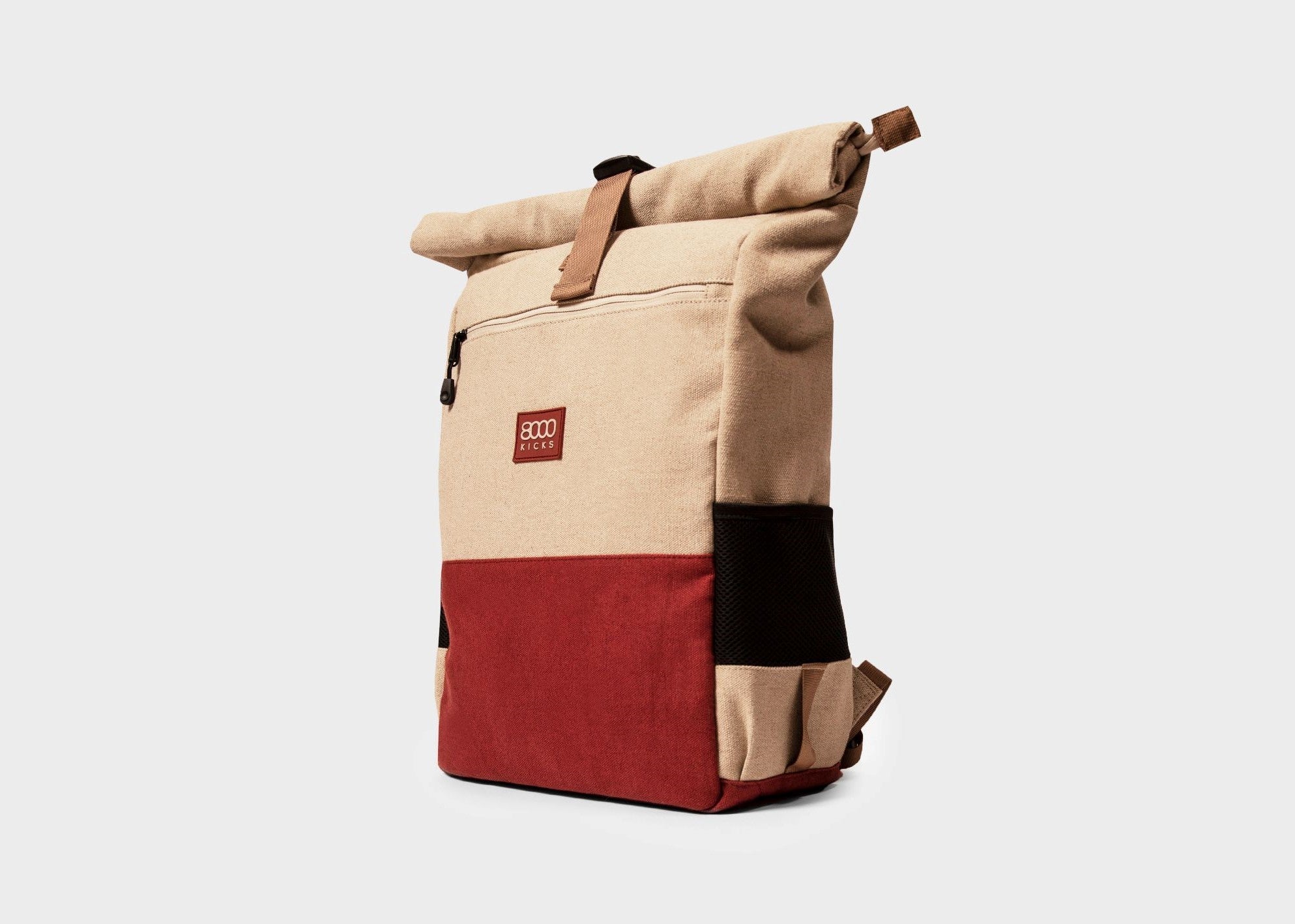 Everyday Hemp Rolltop Backpack in Beige and Red - Image 2