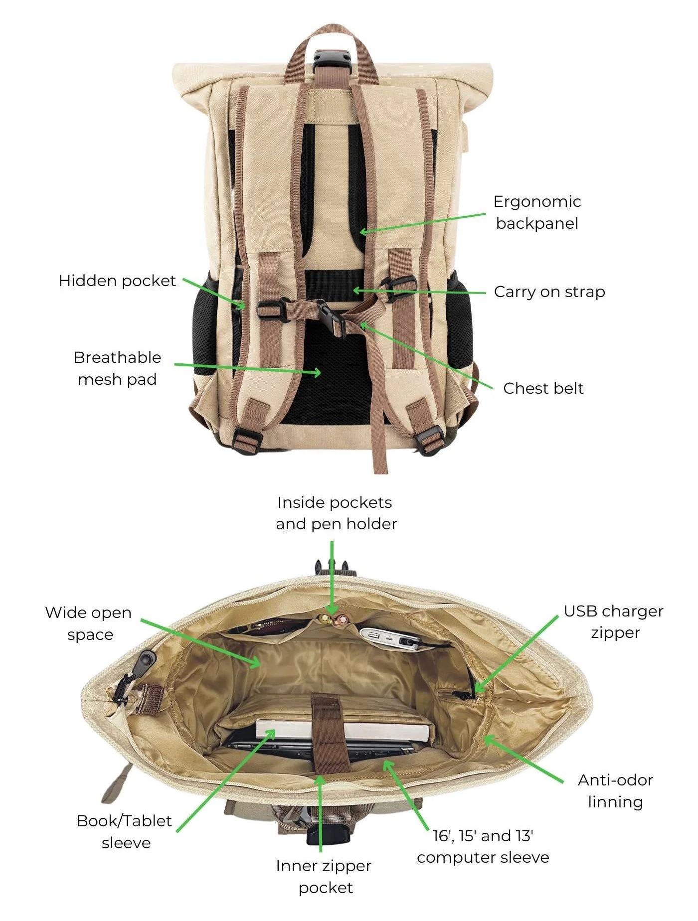 Everyday Hemp Rolltop Backpack in Beige and Red - Image 4