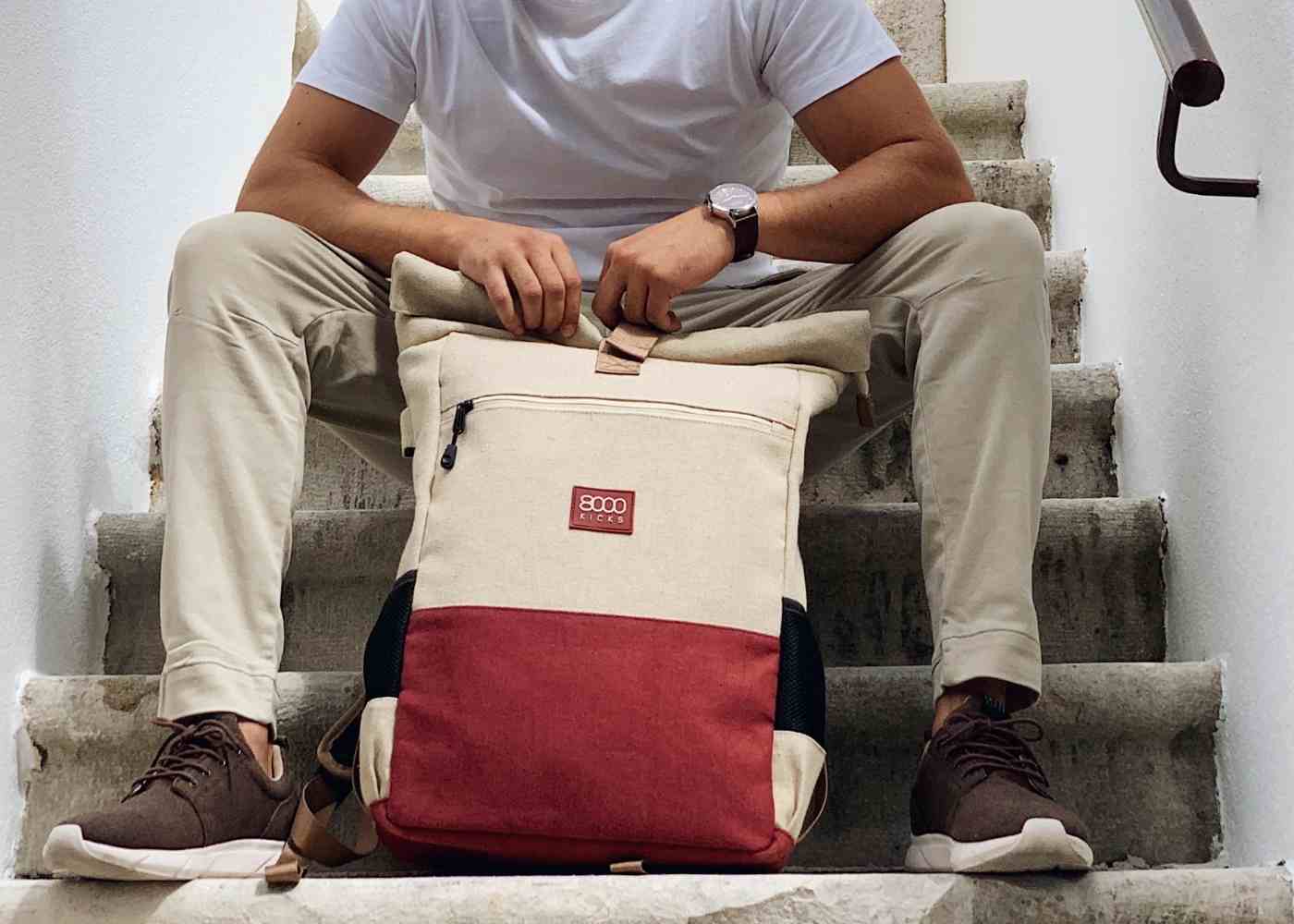 Everyday Hemp Rolltop Backpack in Beige and Red - Image 6