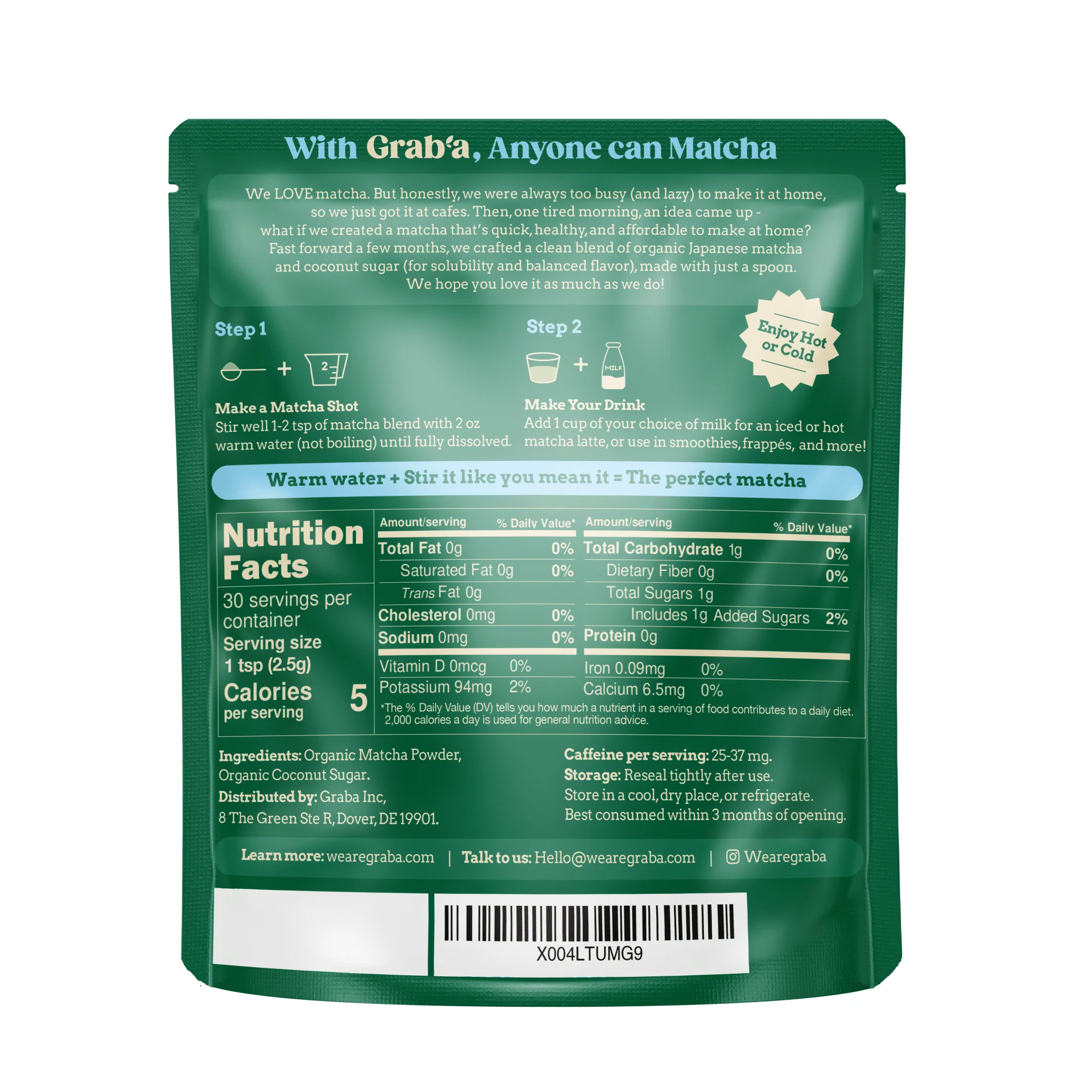 Grab’a Matcha Organic Instant Slightly Sweetened Matcha Green Tea Powder, Easy to Make Matcha Latte Mix, 30 servings, From Uji Japan (75g / 2.65oz) - Image 7