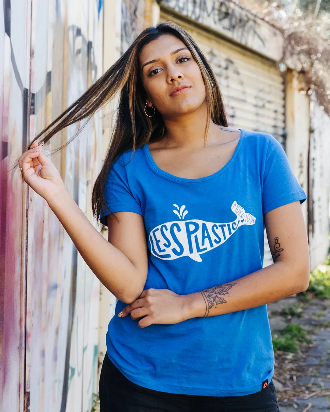 Less Plastic More Love Printed T-shirt, Womens Blue Marle - Image 3
