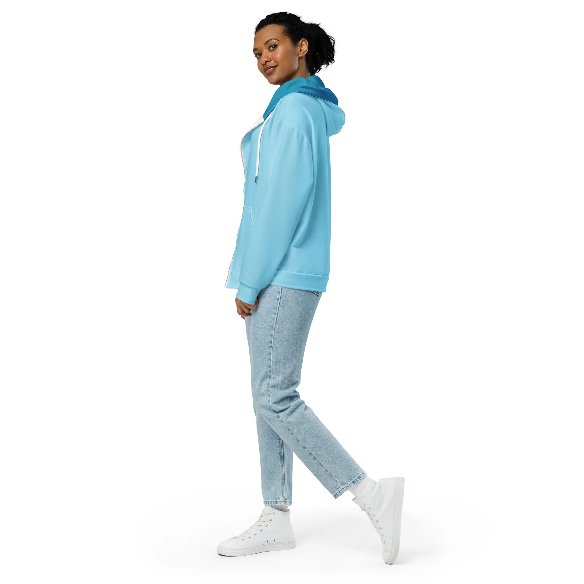 Light Blue Sustainable Hoodie, Unisex Zip Up - Image 2