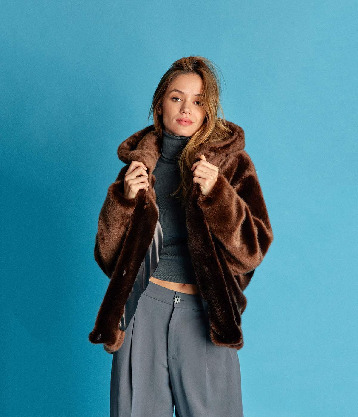 Tabatha Chocolate Vegan Fur Hooded Short Coat - Image 4
