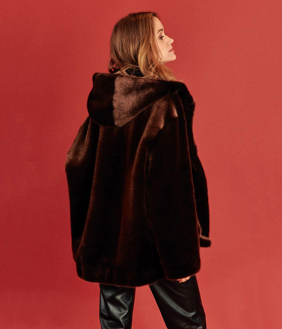 Tabatha Chocolate Vegan Fur Hooded Short Coat - Image 3