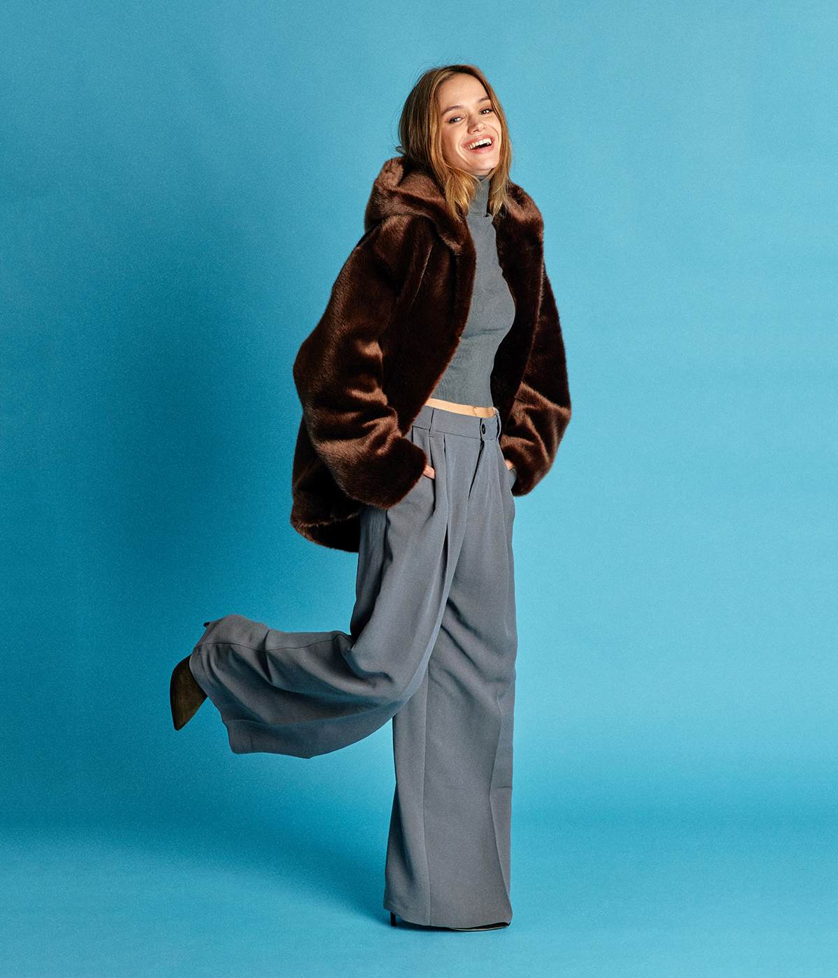 Tabatha Chocolate Vegan Fur Hooded Short Coat - Image 5