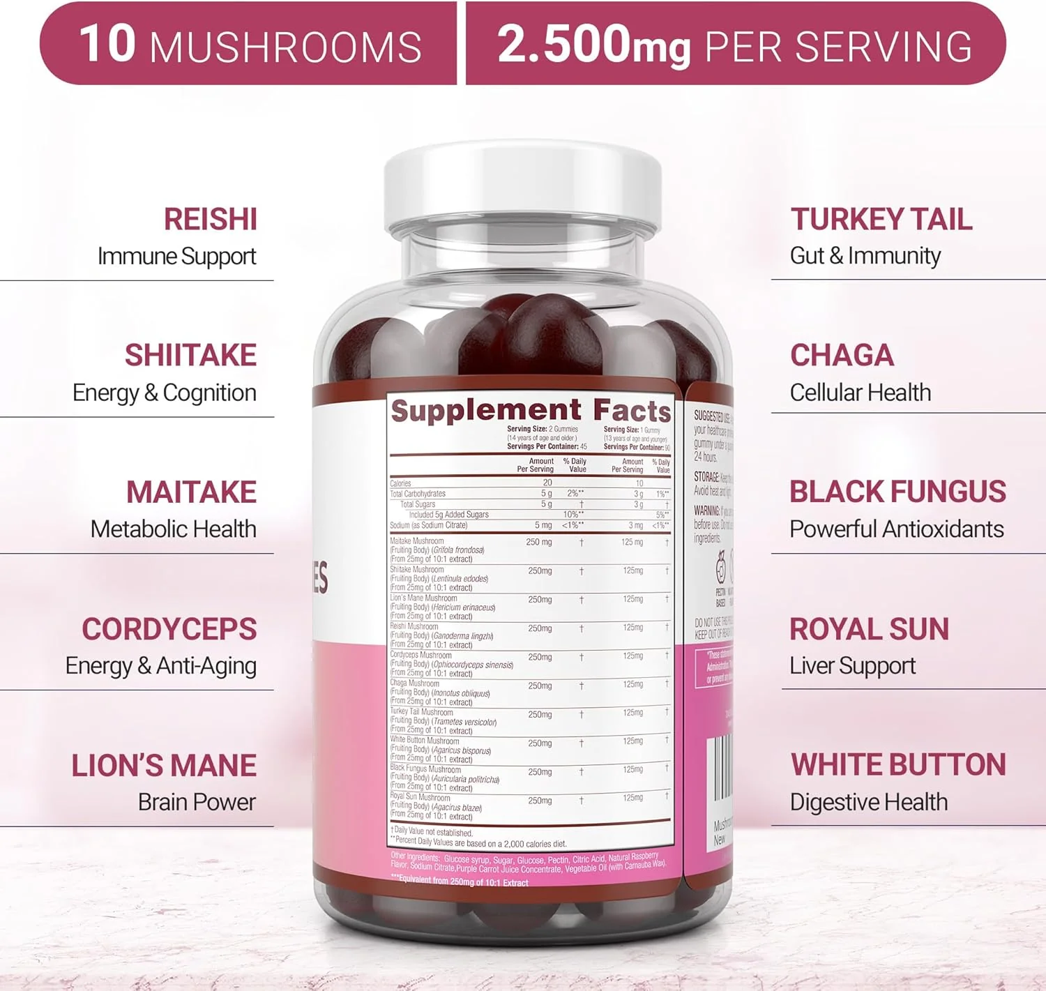 Mushroom Complex Gummies - 10 Mushroom Supplement w Lions Mane Gushrooms (90 Chews 2500mg/serving) - Image 2