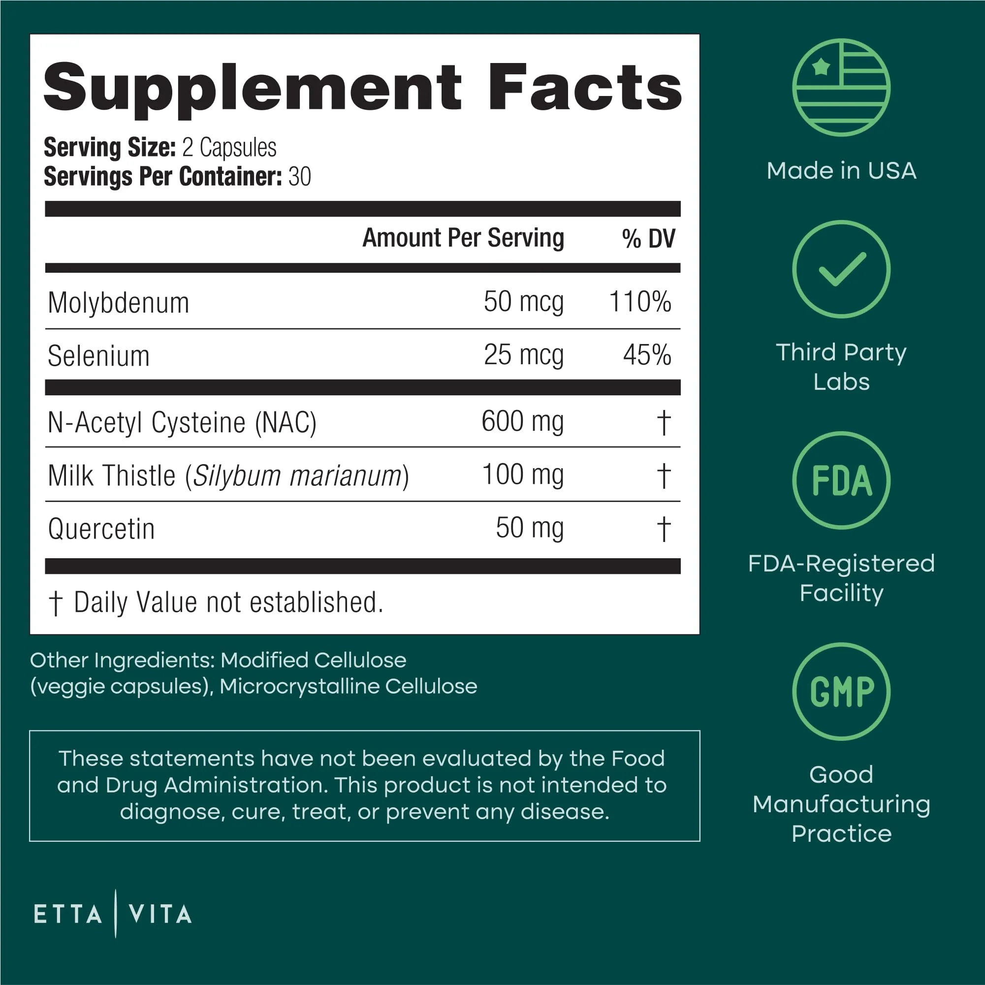 NAC Supplement N-Acetyl Cysteine 600mg with Quercetin, Milk Thistle, Molybdenum & Selenium - Image 6