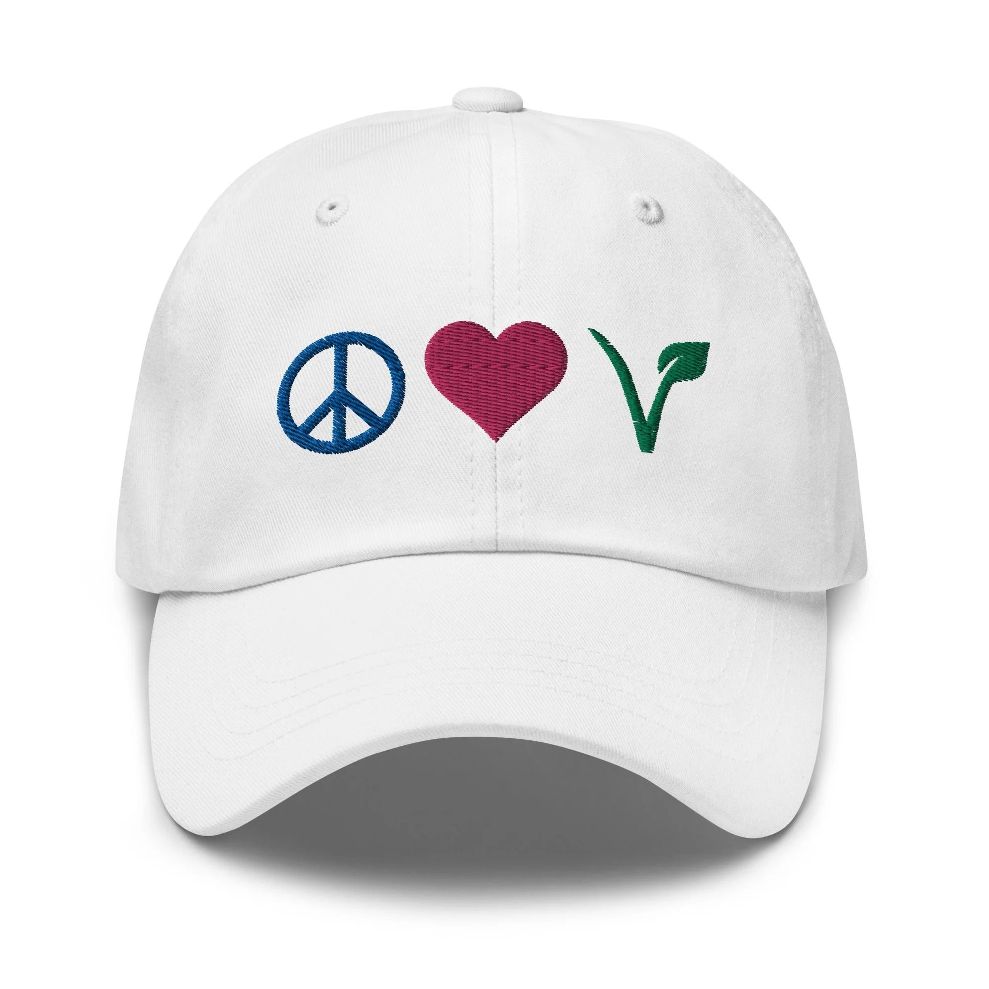Peace, Love, Vegan Hat / Cap With Premium Multi-color Stitched Embroidery - Image 12