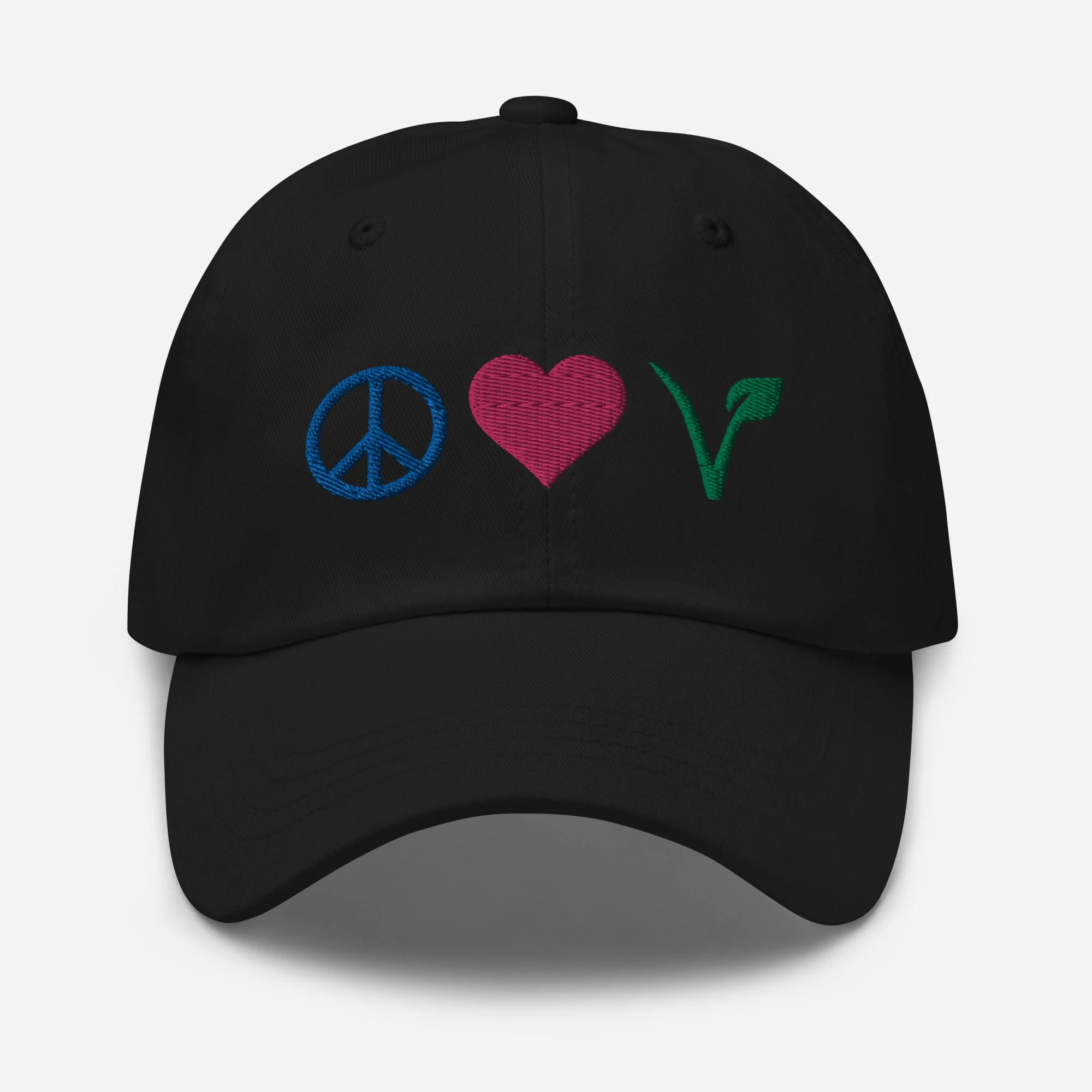 Peace, Love, Vegan Hat / Cap With Premium Multi-color Stitched Embroidery - Image 2