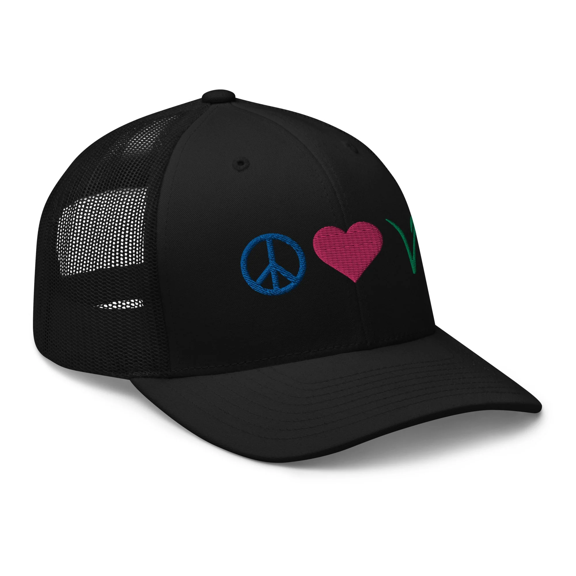 Peace, Love, Vegan Trucker Hat with Premium Multi-color Stitched Embroidery - Image 10