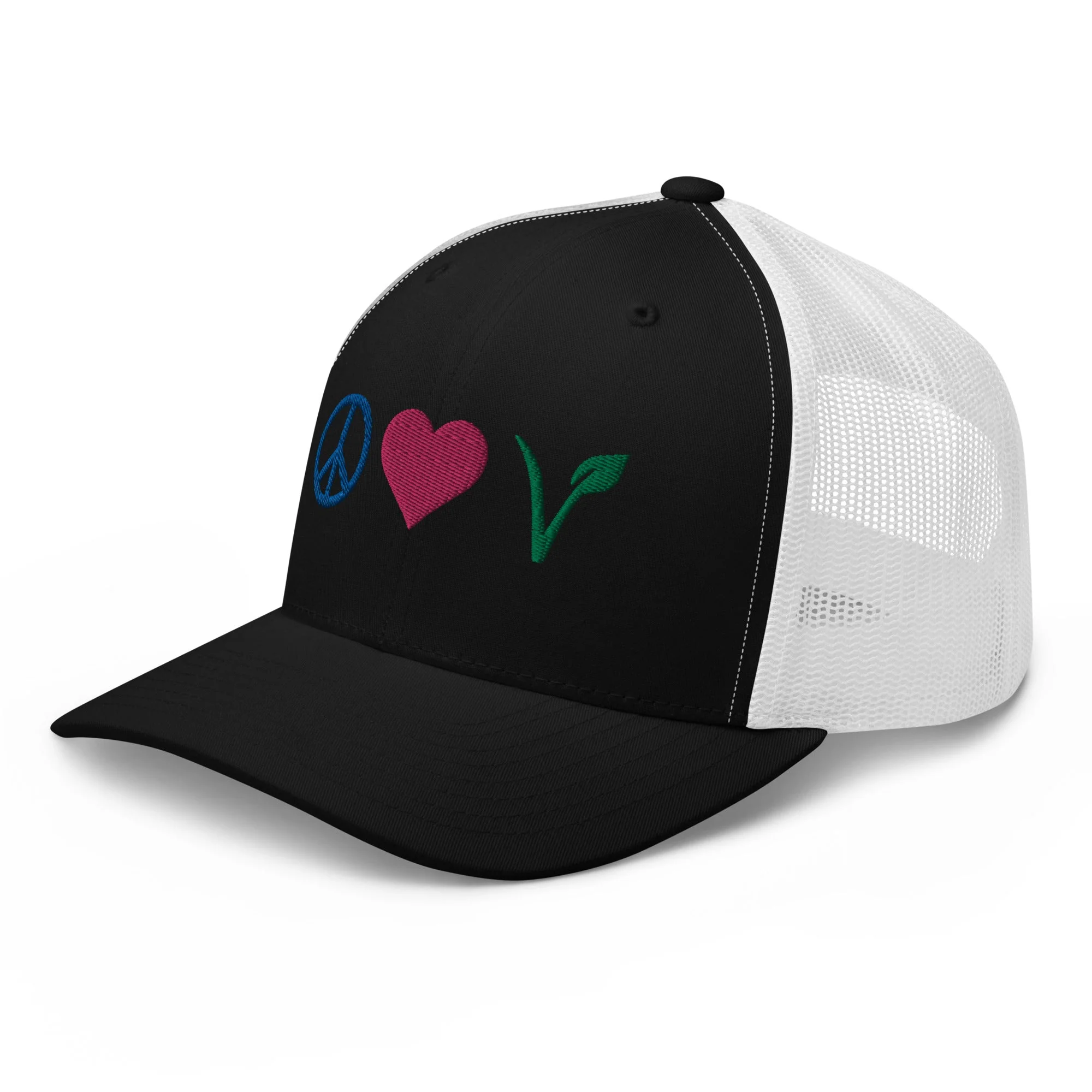 Peace, Love, Vegan Trucker Hat with Premium Multi-color Stitched Embroidery - Image 11