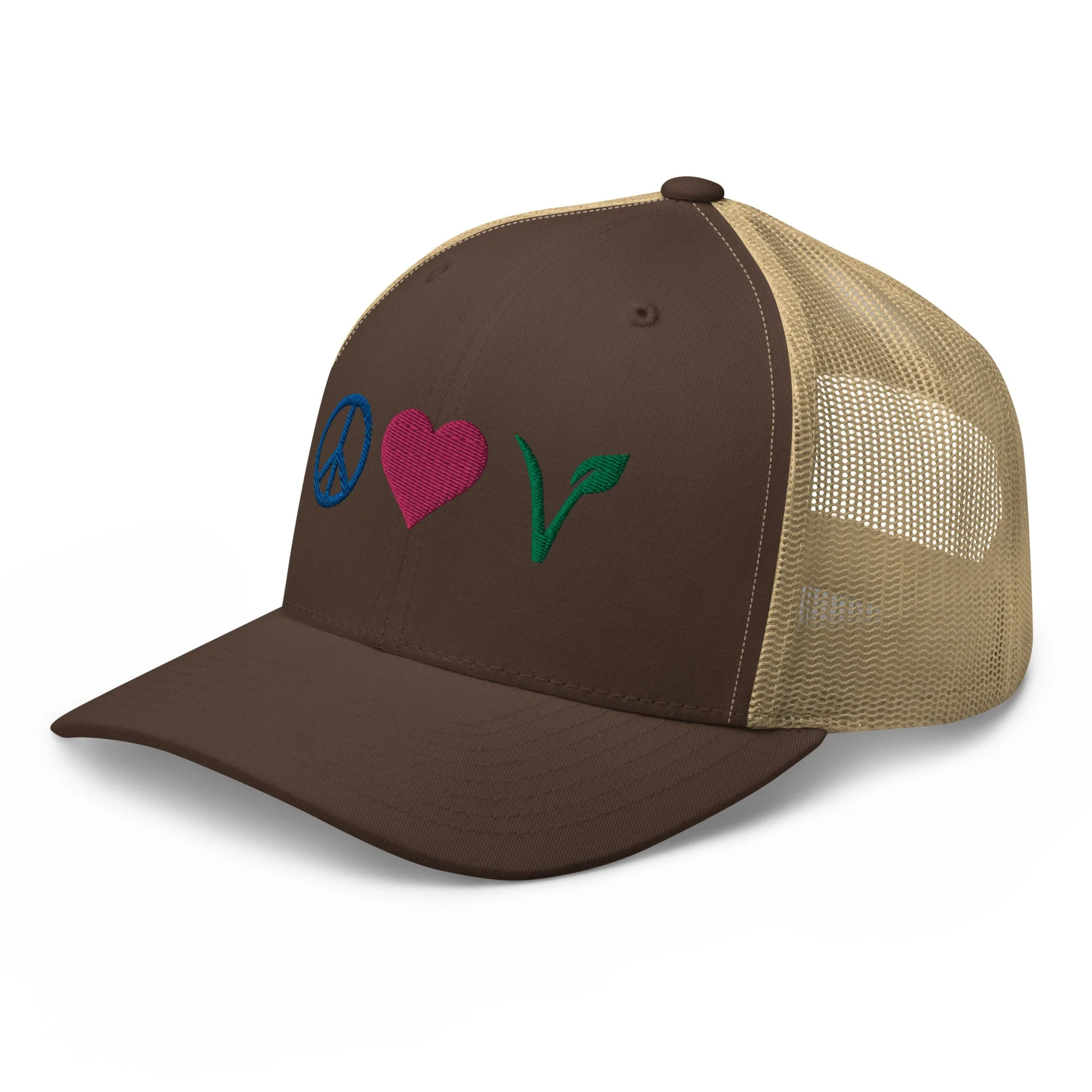 Peace, Love, Vegan Trucker Hat with Premium Multi-color Stitched Embroidery - Image 12