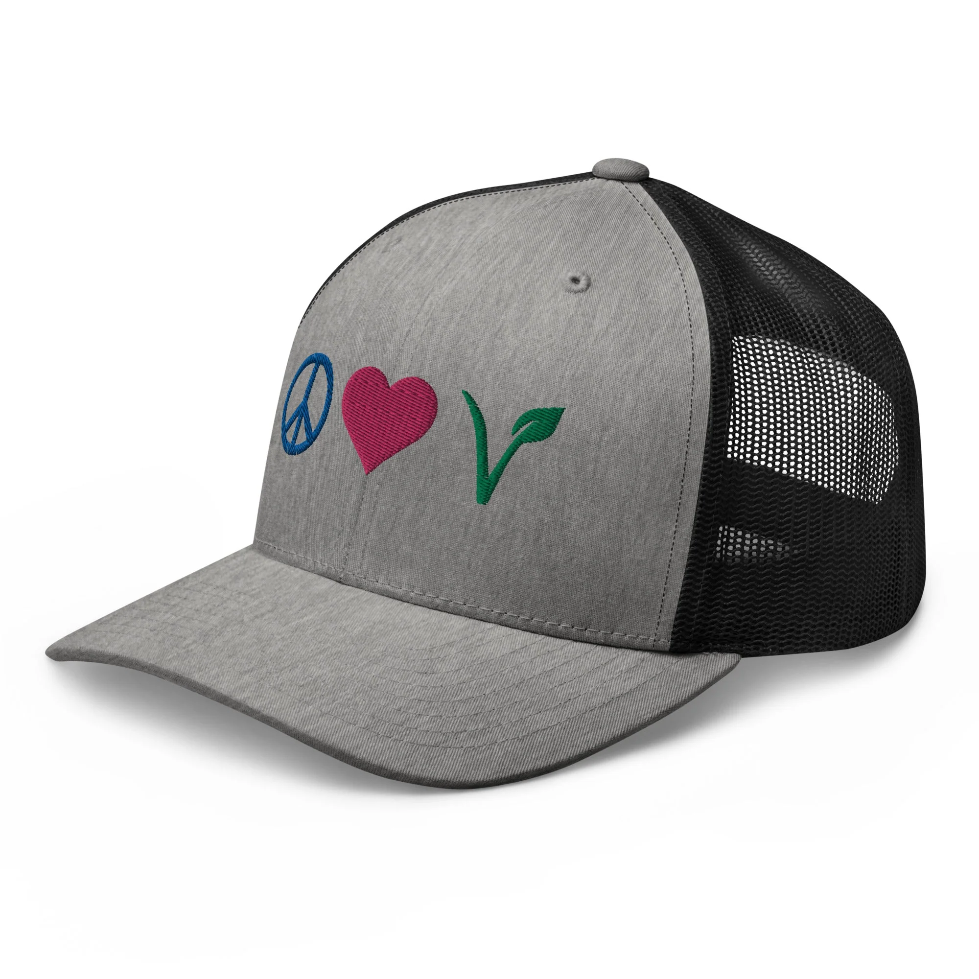 Peace, Love, Vegan Trucker Hat with Premium Multi-color Stitched Embroidery - Image 13