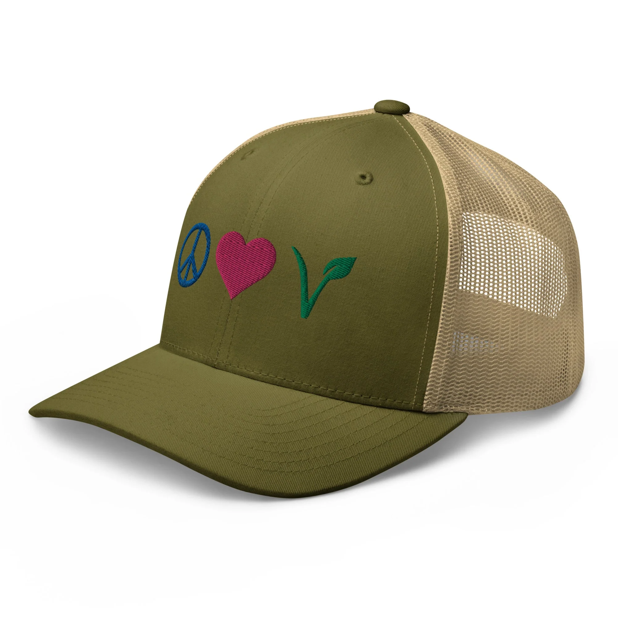 Peace, Love, Vegan Trucker Hat with Premium Multi-color Stitched Embroidery - Image 14