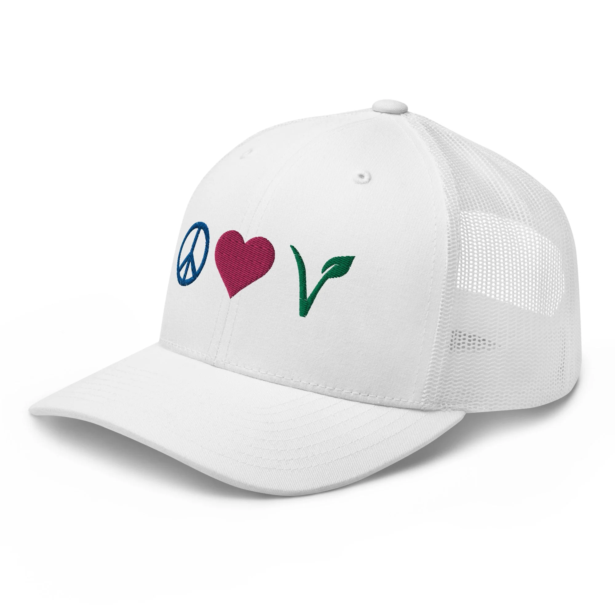 Peace, Love, Vegan Trucker Hat with Premium Multi-color Stitched Embroidery - Image 15