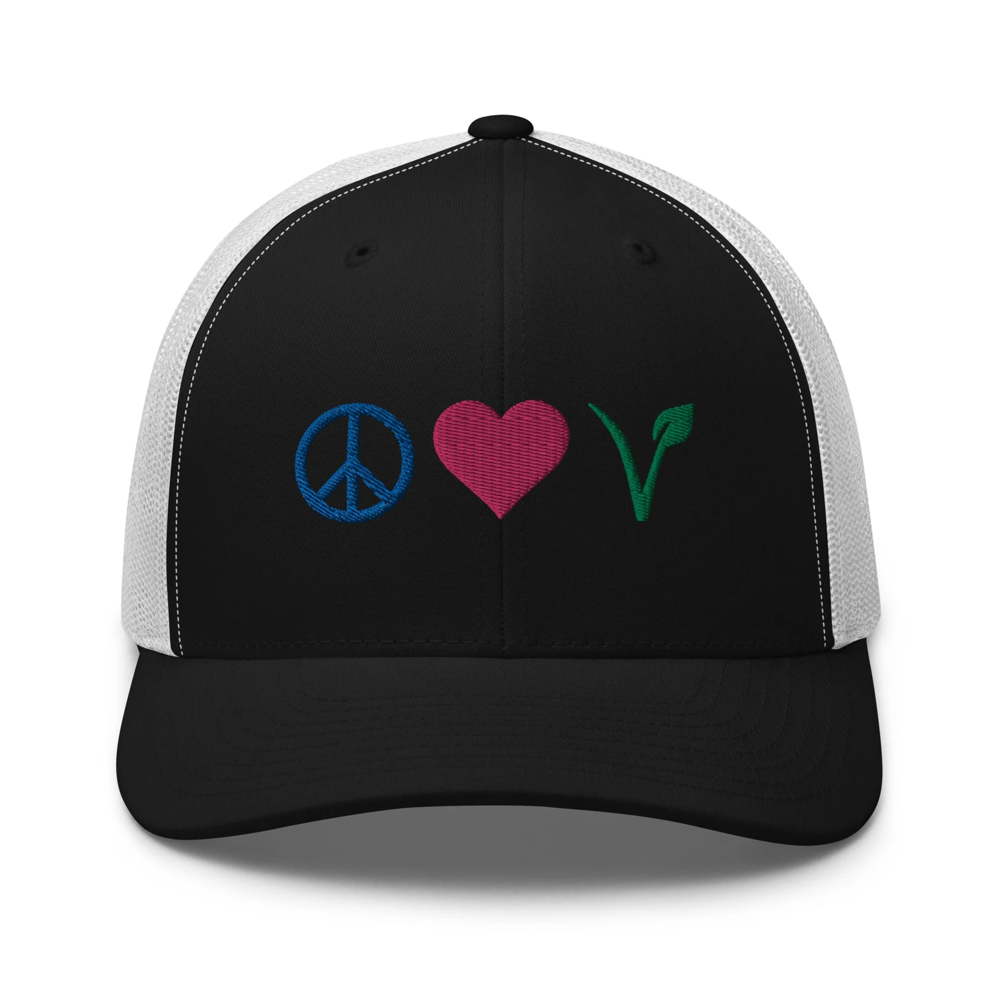 Peace, Love, Vegan Trucker Hat with Premium Multi-color Stitched Embroidery - Image 17
