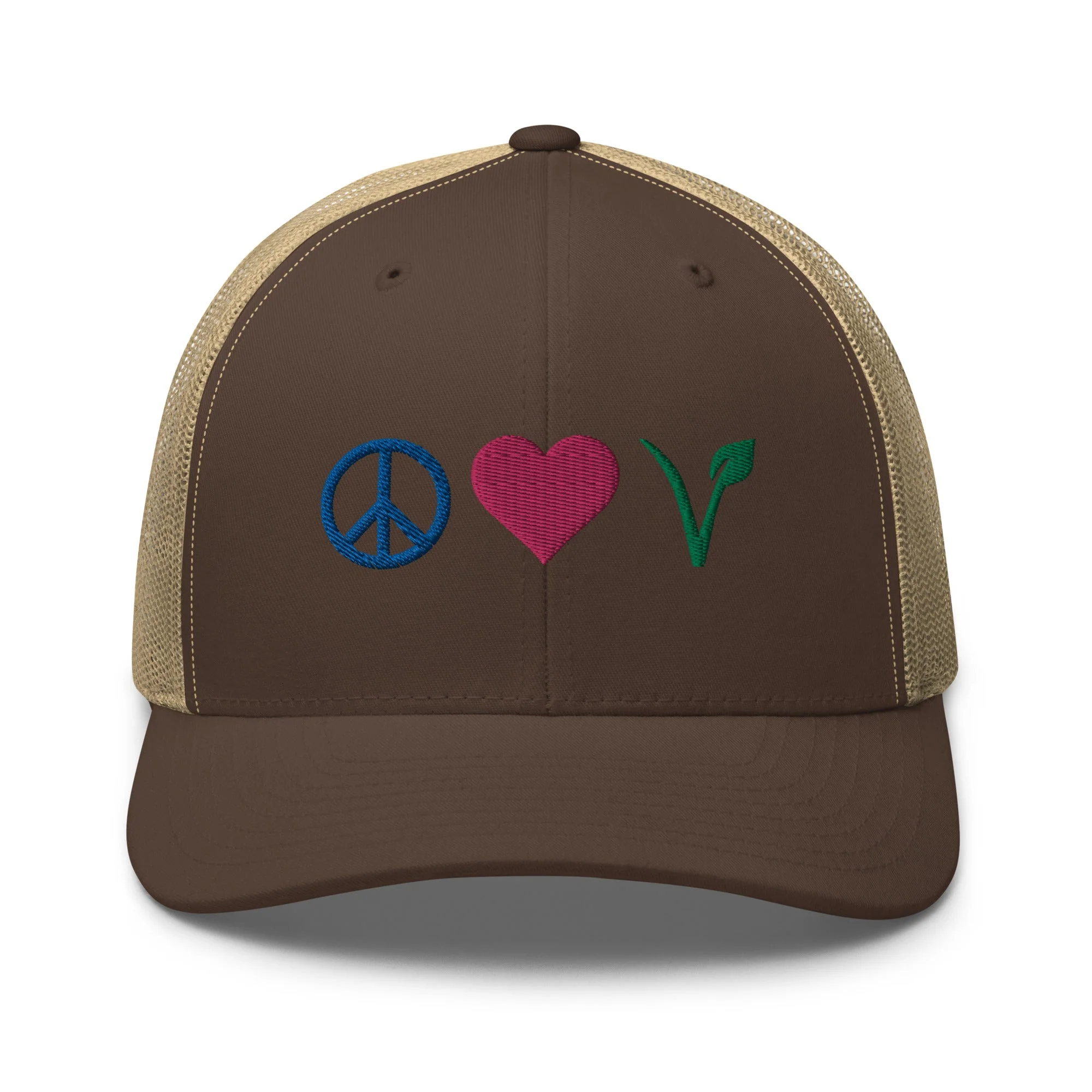 Peace, Love, Vegan Trucker Hat with Premium Multi-color Stitched Embroidery - Image 18