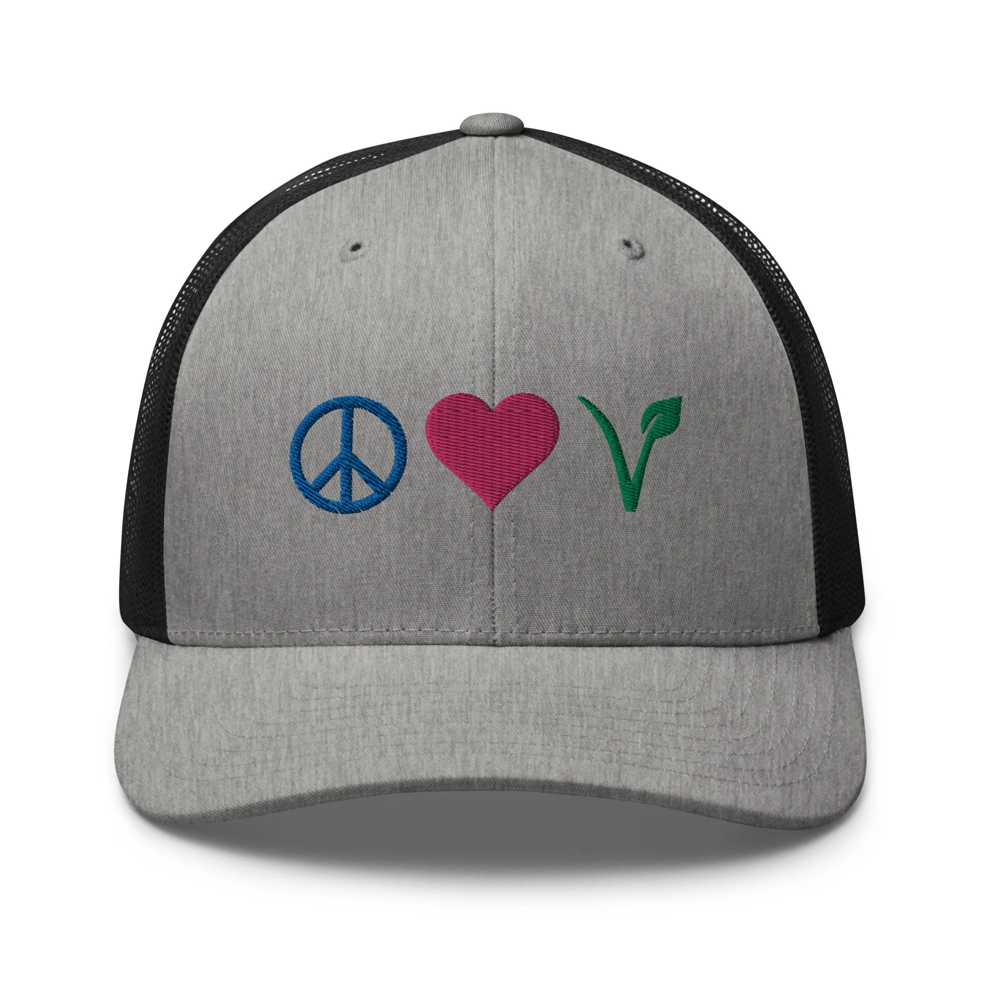 Peace, Love, Vegan Trucker Hat with Premium Multi-color Stitched Embroidery - Image 19