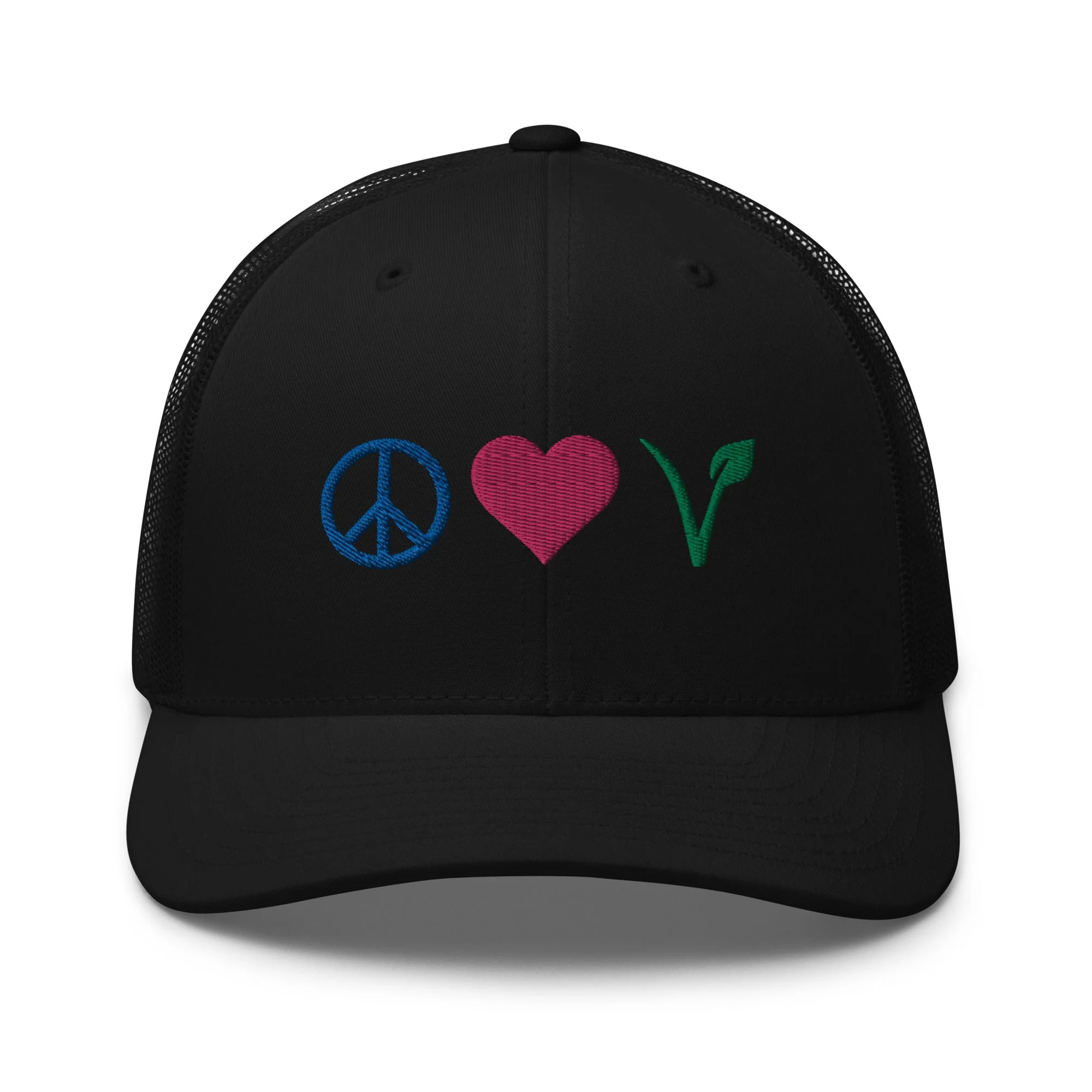 Peace, Love, Vegan Trucker Hat with Premium Multi-color Stitched Embroidery - Image 2