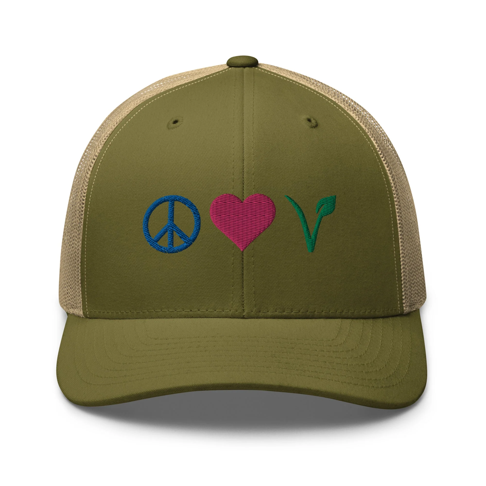 Peace, Love, Vegan Trucker Hat with Premium Multi-color Stitched Embroidery - Image 20