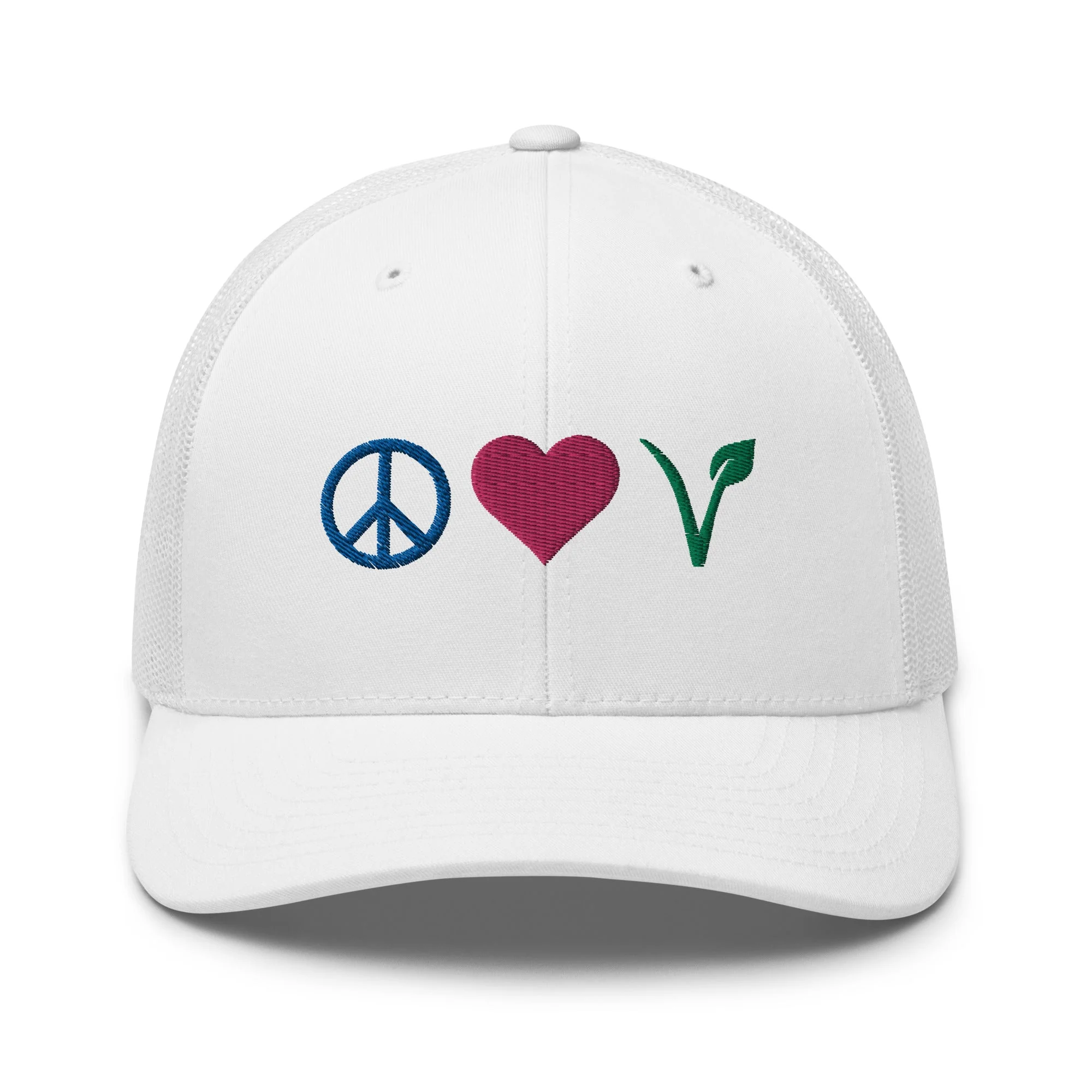 Peace, Love, Vegan Trucker Hat with Premium Multi-color Stitched Embroidery - Image 21