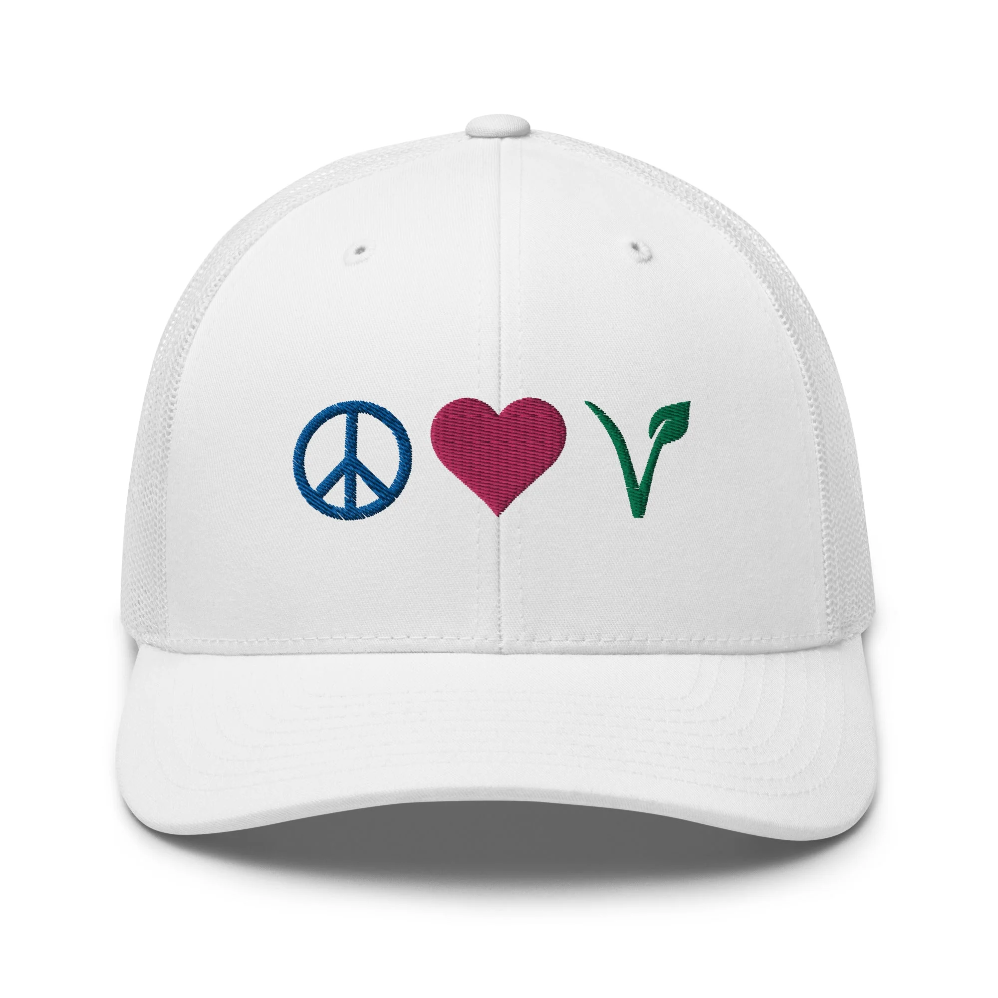 Peace, Love, Vegan Trucker Hat with Premium Multi-color Stitched Embroidery - Image 6