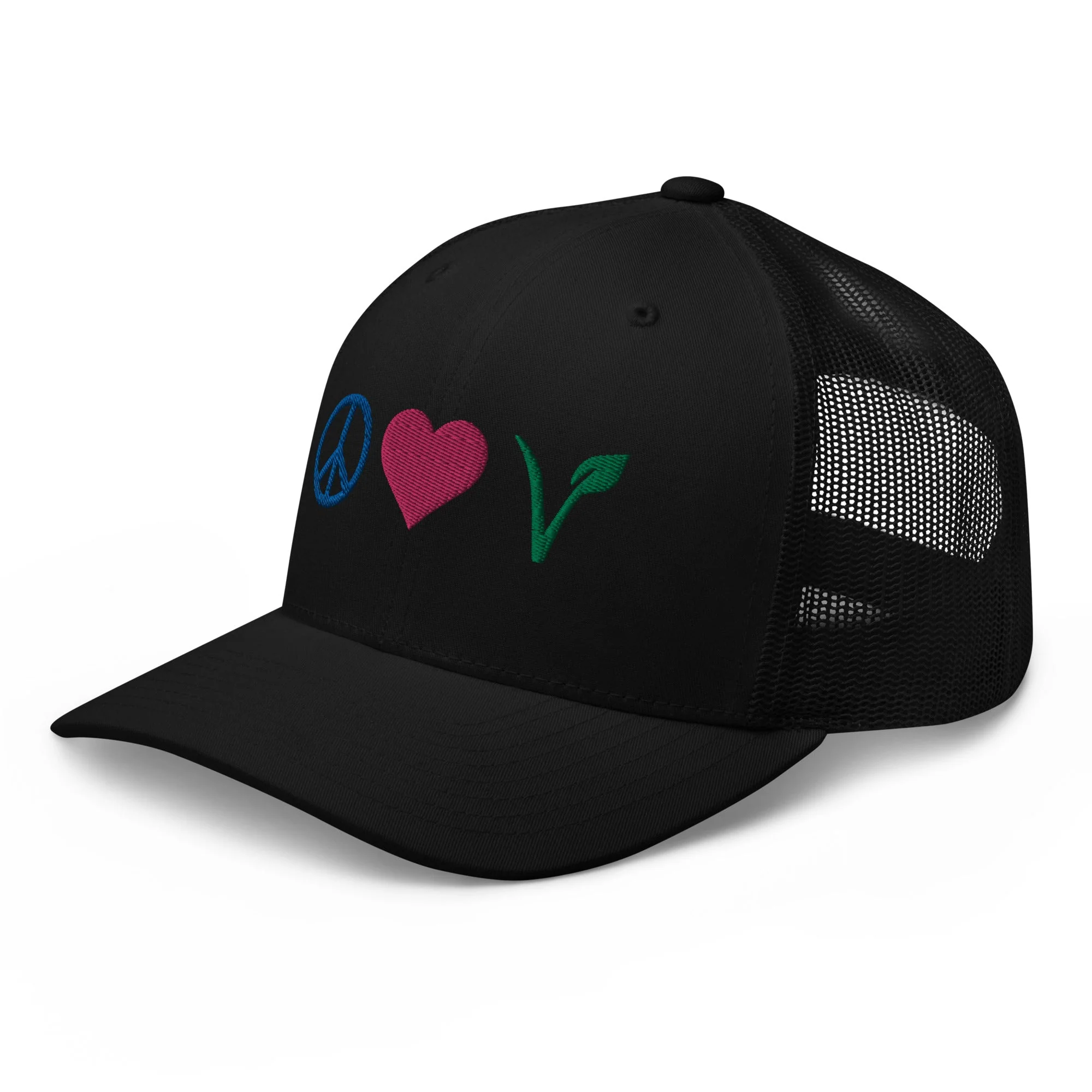 Peace, Love, Vegan Trucker Hat with Premium Multi-color Stitched Embroidery - Image 8