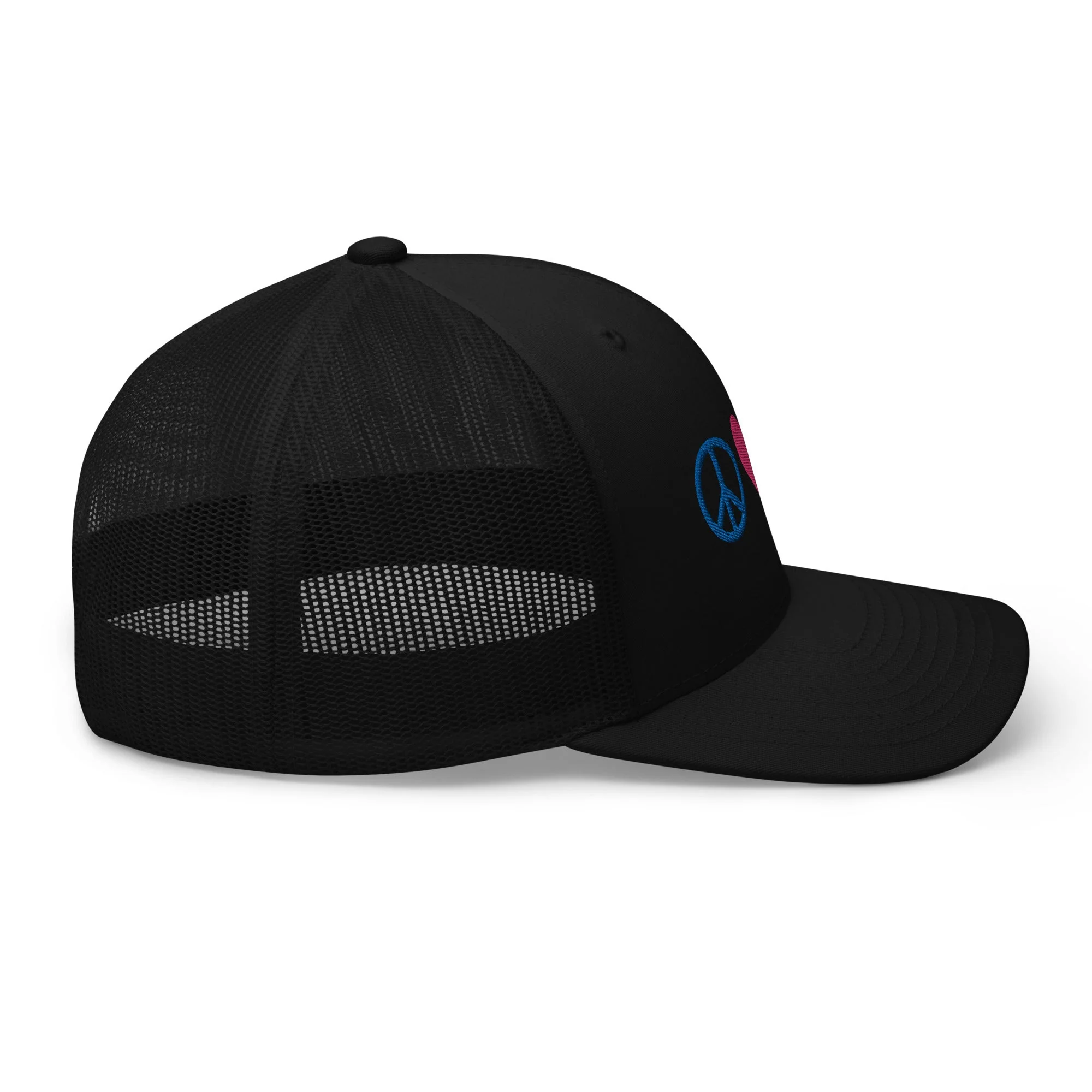 Peace, Love, Vegan Trucker Hat with Premium Multi-color Stitched Embroidery - Image 9