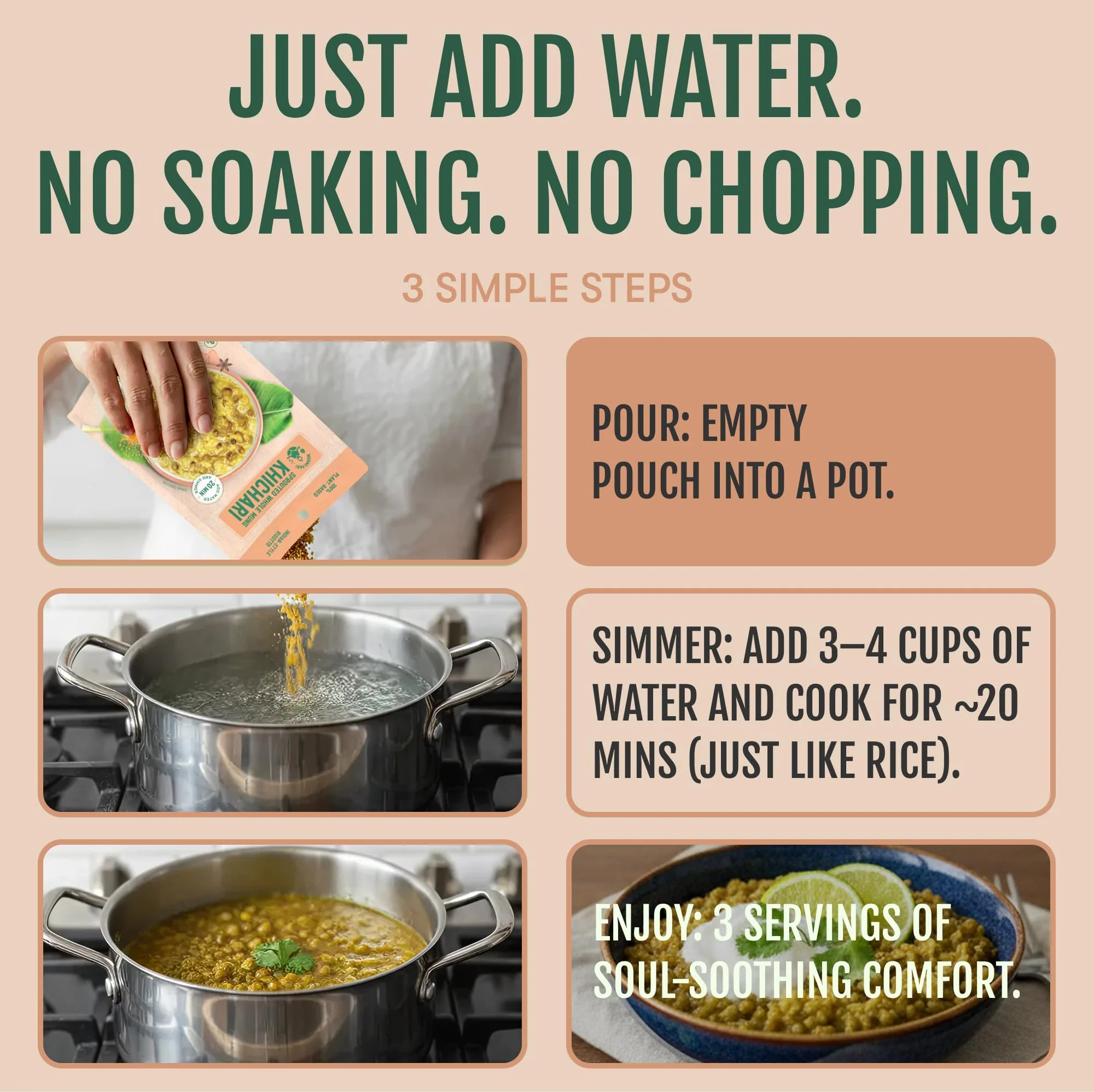 Spicy Sprouted Mung Khichari: Ginger, Garlic & Turmeric | 27g Plant Protein | 3 Servings - Image 6