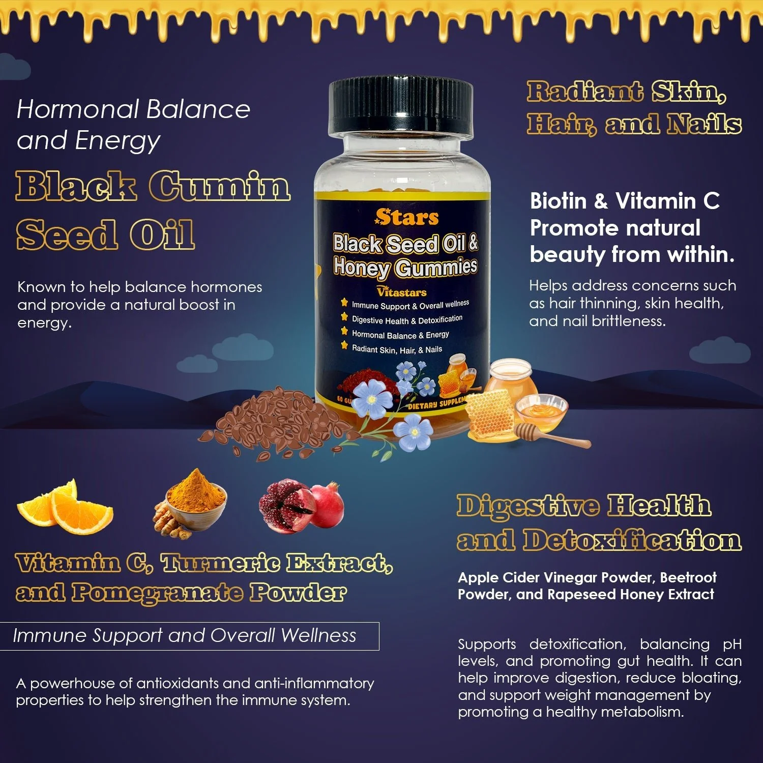Stars Black Seed Oil & Honey Gummies + Vitamin C Biotin Apple Cider Vinegar Turmeric & BeetRoot - Image 3