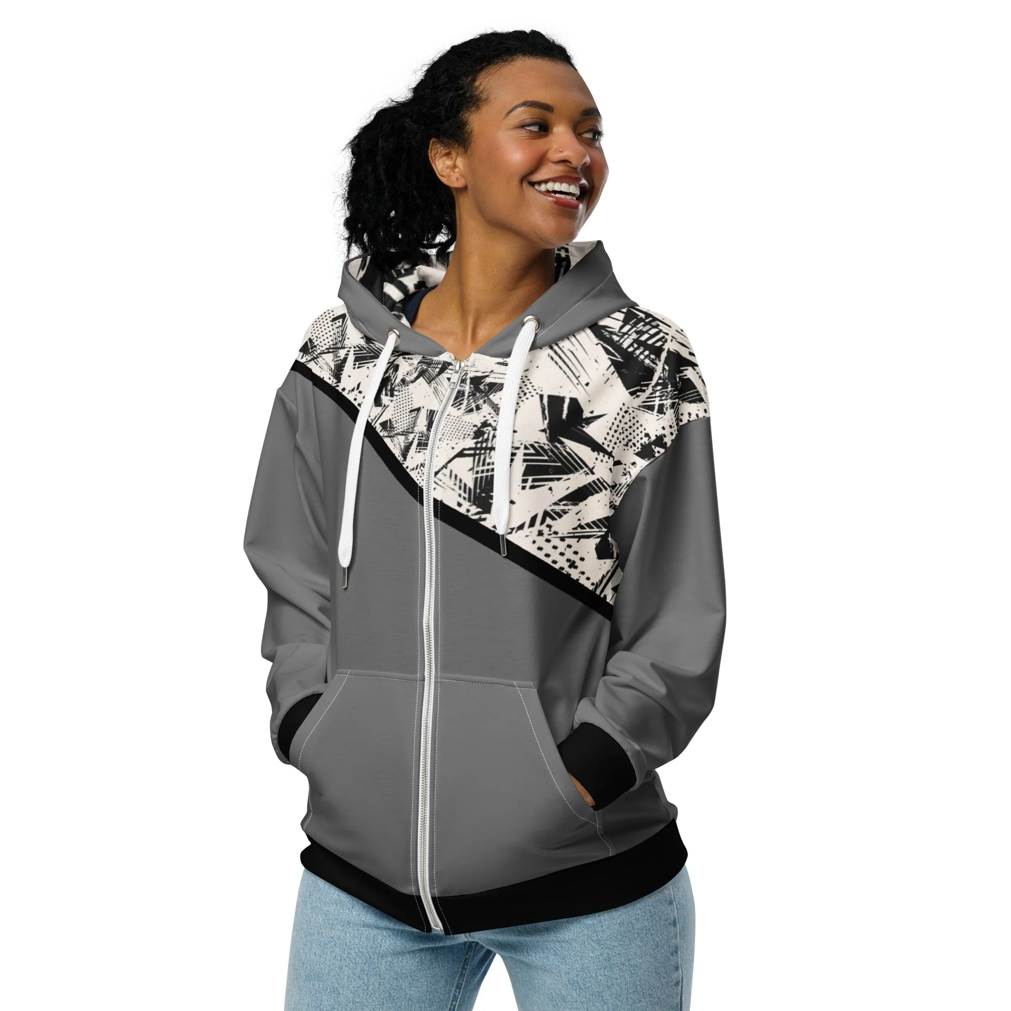 Sustainable Zip Hoodie, Unisex - Recycled (Gray/Black) - Image 2