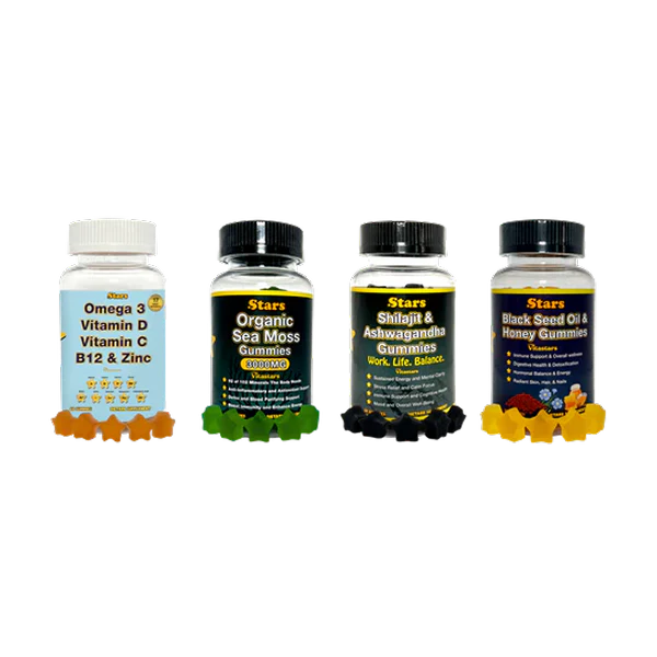 Total Body Wellness: Immune Support, Digestive Health, Energy & Multivitamins, Black Seed Oil, Sea Moss, Shilajit & Omega 3 Gummies, 4-Pack