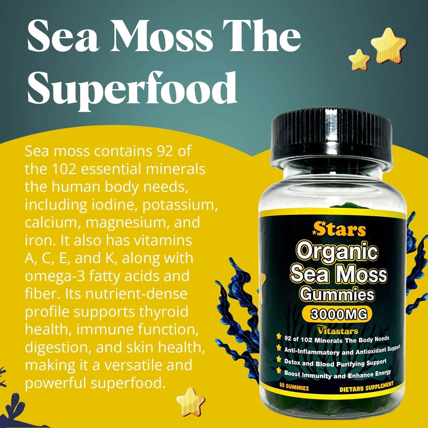 Ultimate Wellness: Organic Sea Moss Gummies & Black Seed Oil Honey Gummies, Immune, Digestive, Skin & Joint Support, Packed with Superfoods, Antioxidants & Vitamins for Men & Women, 120 count - Image 2