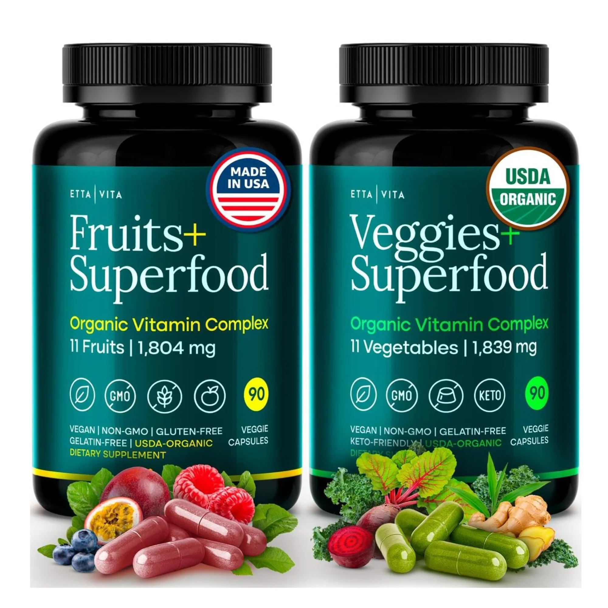 Organic Fruits & Veggies Capsules – Daily Whole Food Nutrition for Energy & Wellness – 180 Vegan Capsules